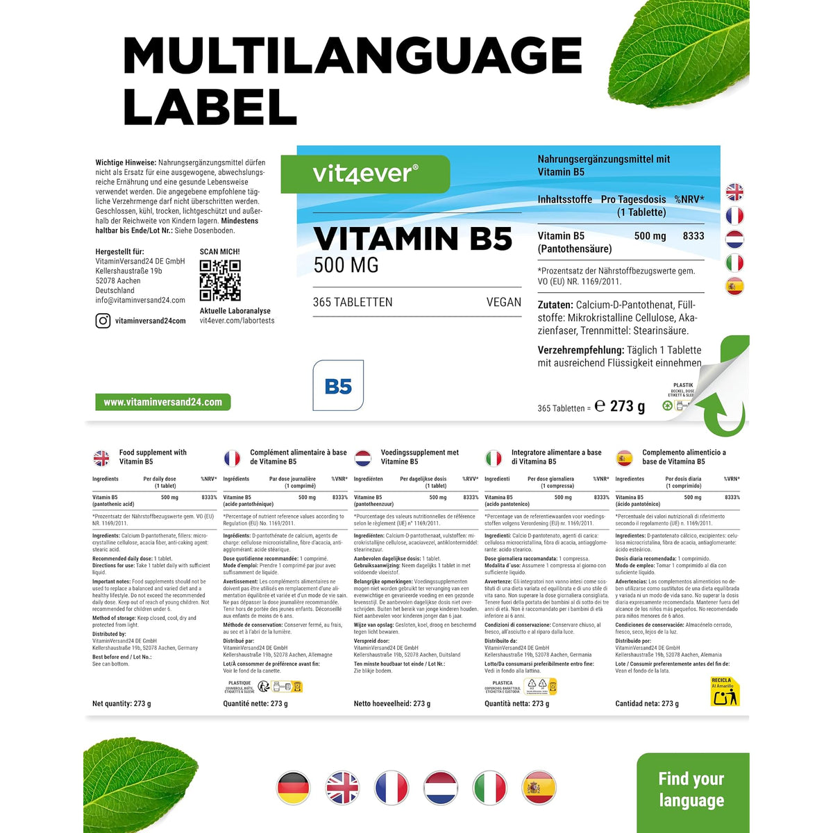 Vit4ever Vitamin B5 (Pantothensäure) 500 mg 365 Tabletten – Verpackung Rückseite