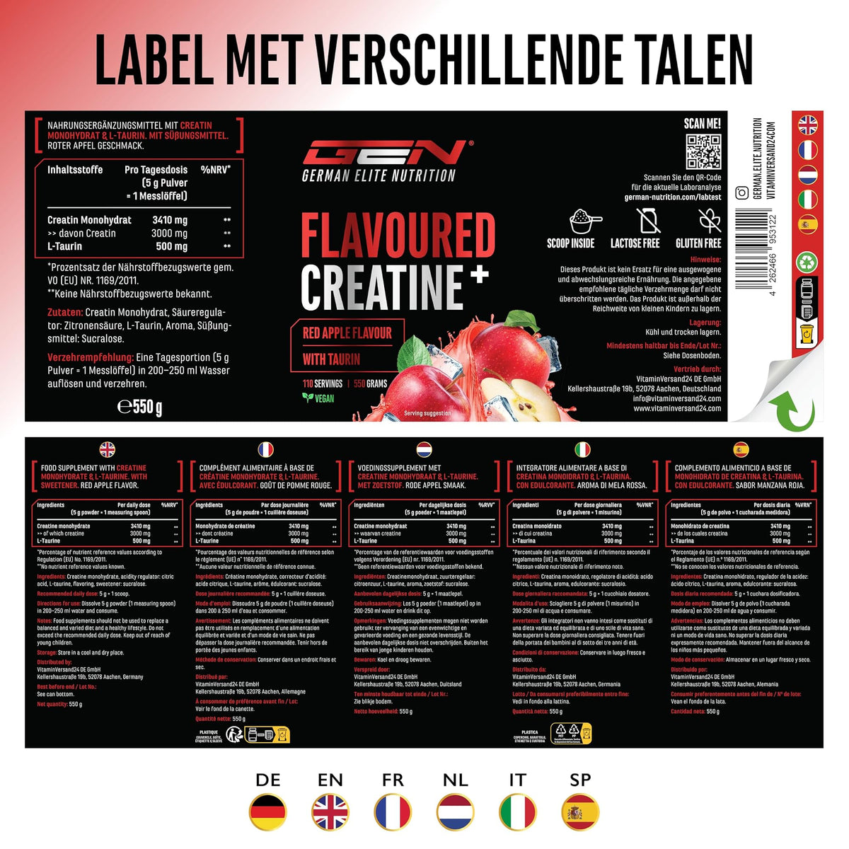 German Elite Nutrition Flavoured Creatine+ Rode Appel 550 g - voedingswaarden en ingrediënten