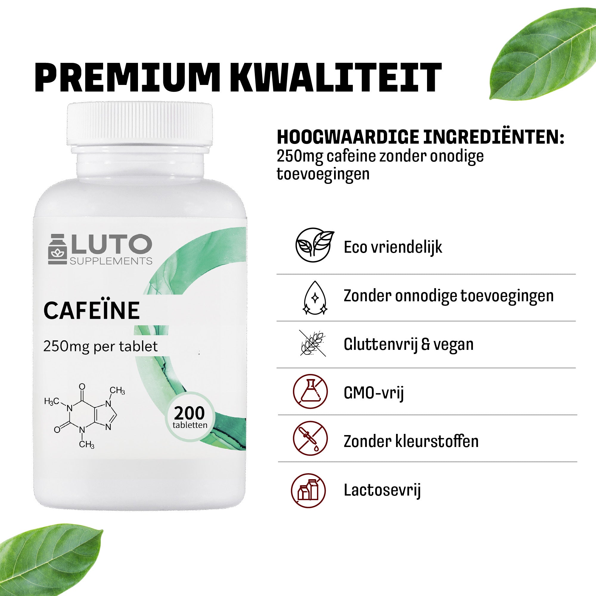 Premium kwaliteit LUTO Cafeïne tabletten - 250mg, eco-vriendelijk, glutenvrij, GMO-vrij en lactosevrij