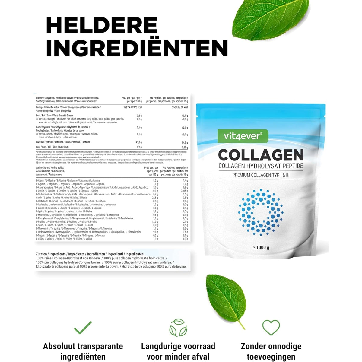 Rinderkollagen Hydrolysat Peptide Pulver | Typ I & III | Vit4ever