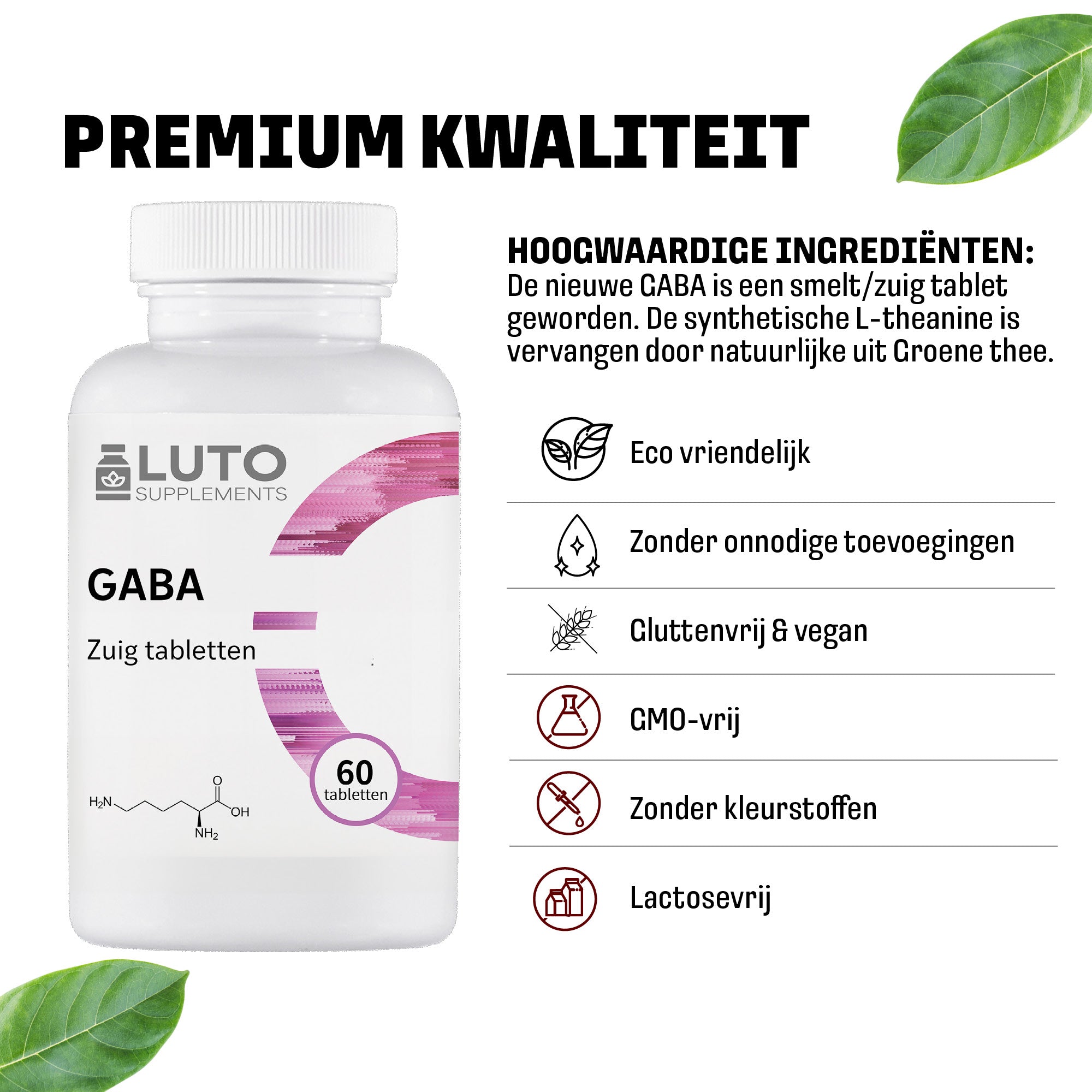 Premium kwaliteit LUTO GABA zuigtabletten - vegan, non-GMO, zonder kunstmatige kleur- en geurstoffen