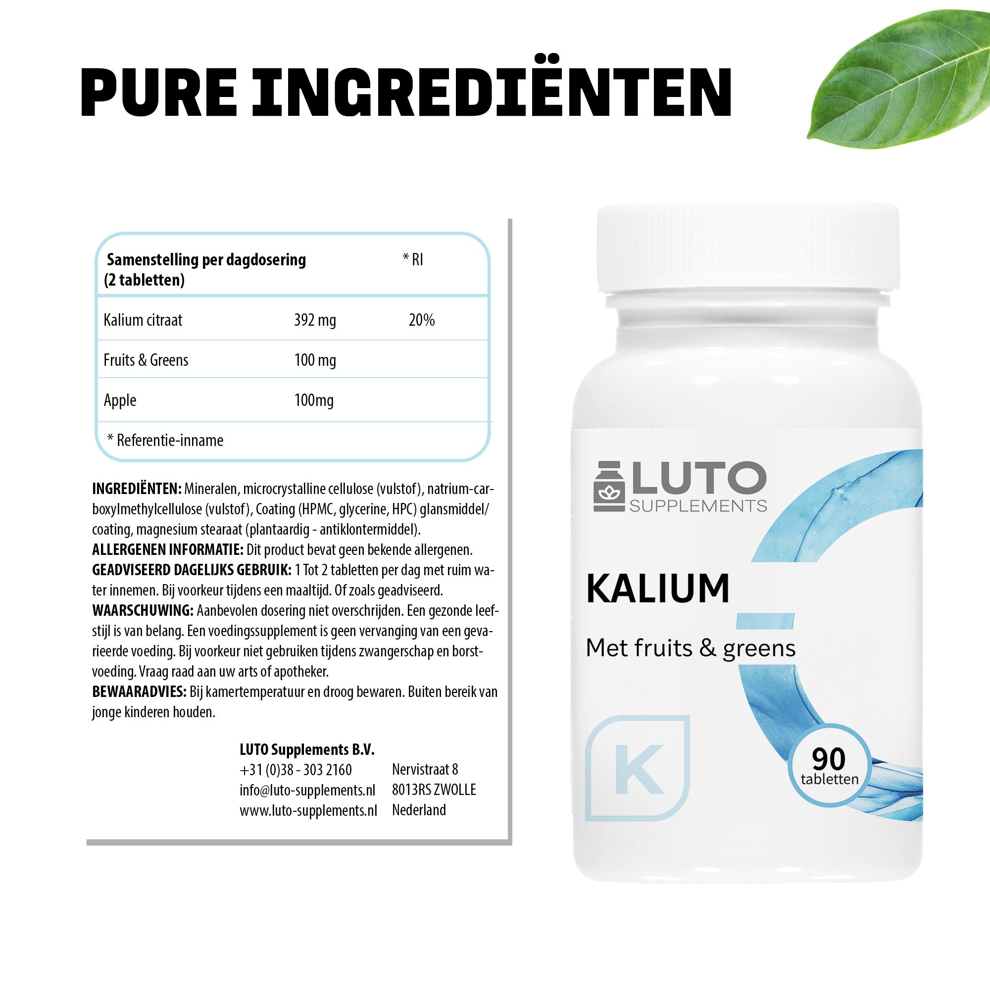 Pure ingrediënten Kalium LUTO Supplements - potassium met fruits en greens mix in sour apple smaak