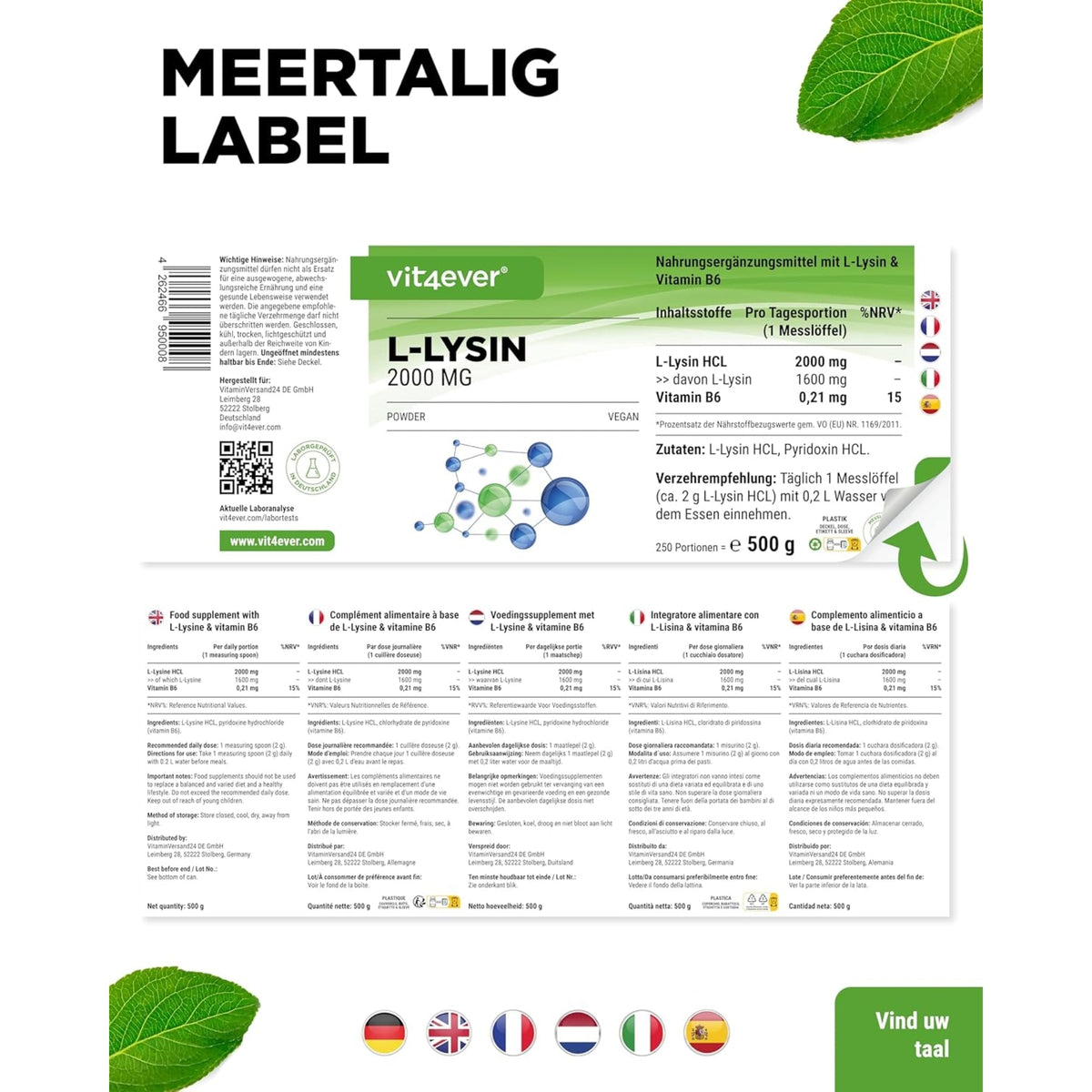 L-Lysin + Vitamin B6 Pulver | 500 g | Vit4ever