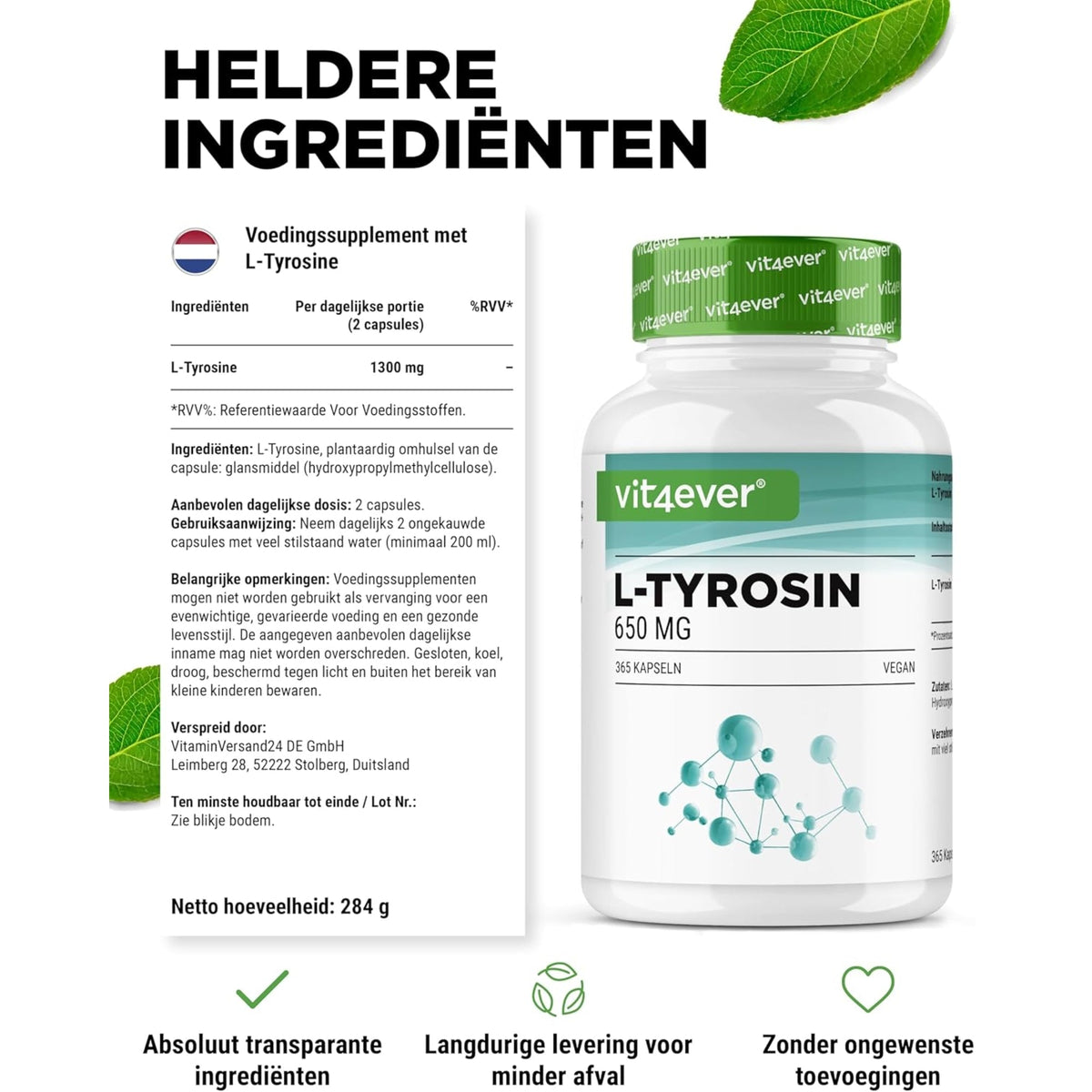 L-Tyrosin 650mg | 240 oder 365 Kapseln | Vit4ever