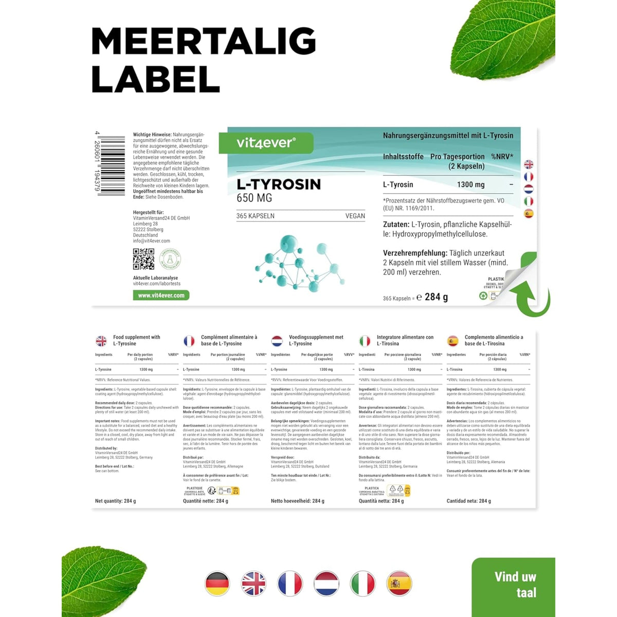 L-Tyrosin 650mg | 240 oder 365 Kapseln | Vit4ever