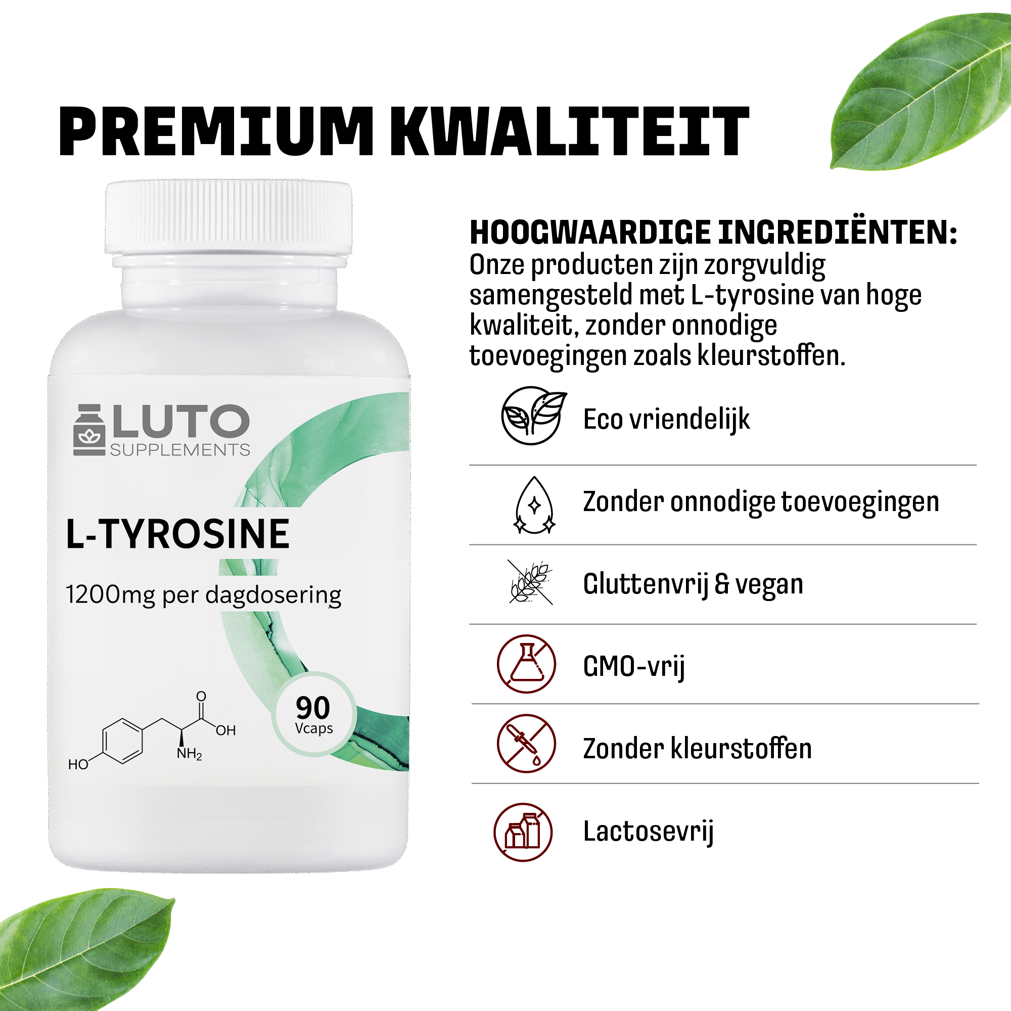 Premium kwaliteit LUTO L-Tyrosine capsules - vegan, glutenvrij, zonder kunstmatige kleur- en smaakstoffen