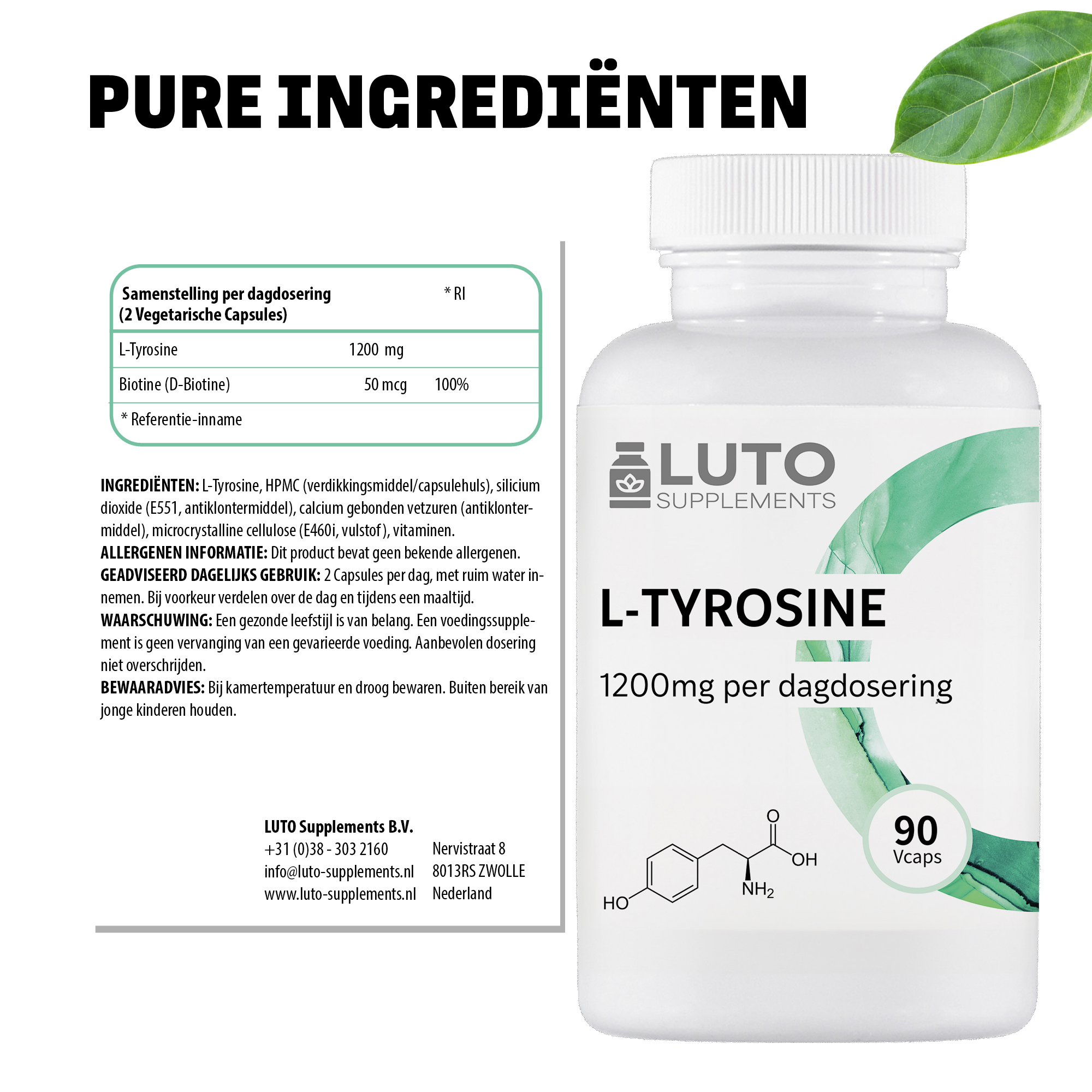 Pure ingrediënten L-Tyrosine LUTO Supplements - 1200mg L-Tyrosine per dagdosering met vitamine B