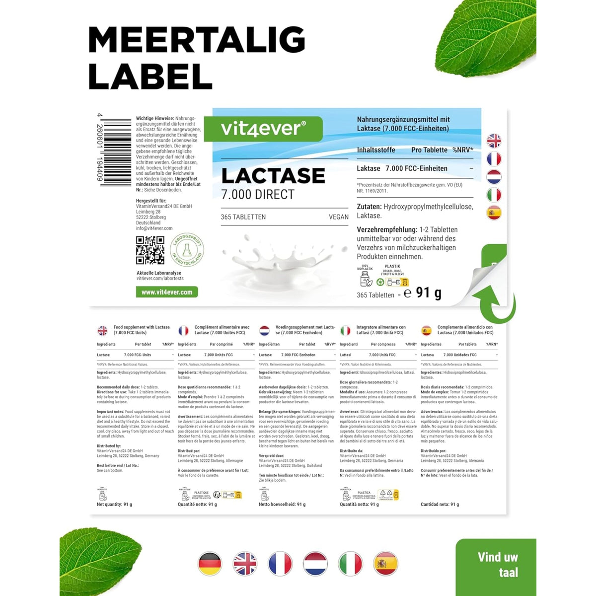 Lactase 7.000 FCC | 180 & 365 Tabletten | Vit4ever