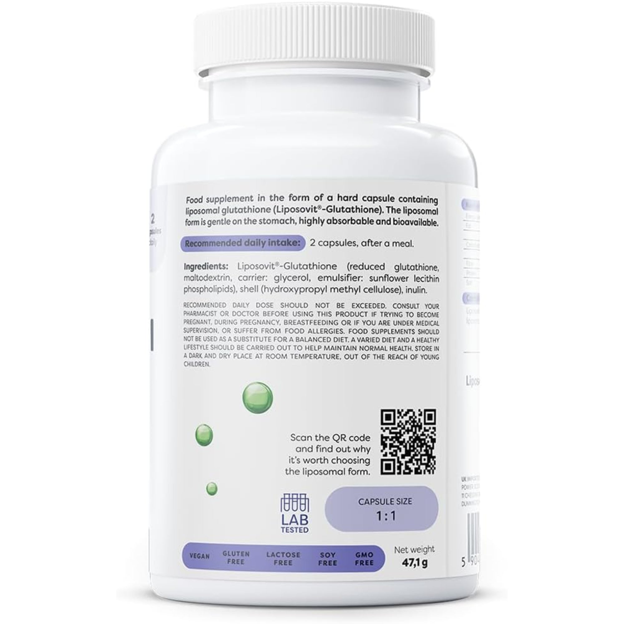 Rückseite Osavi Liposomales Glutathion 500mg – vegan, glutenfrei, laktosefrei, sojafrei und GMO-frei