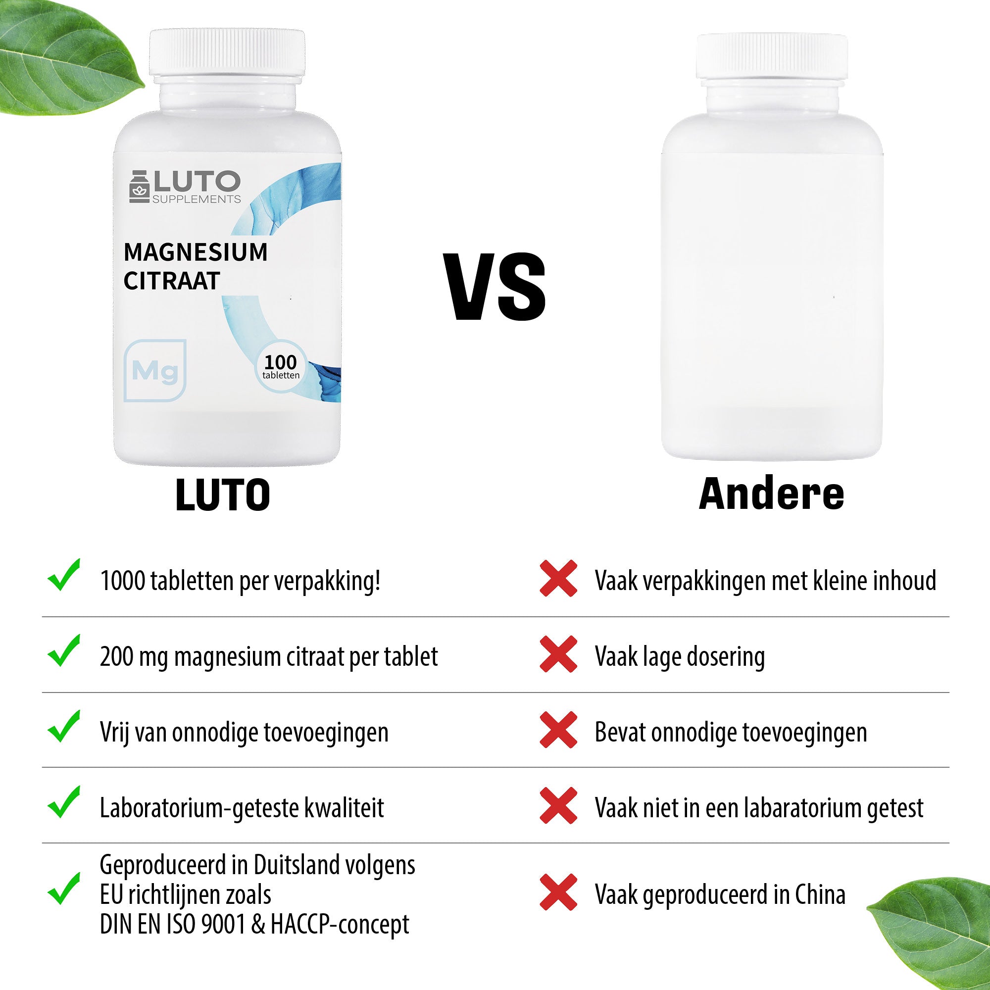 LUTO Magnesium Citraat vergelijking - 100 tabletten met hoge dosering elementair magnesium
