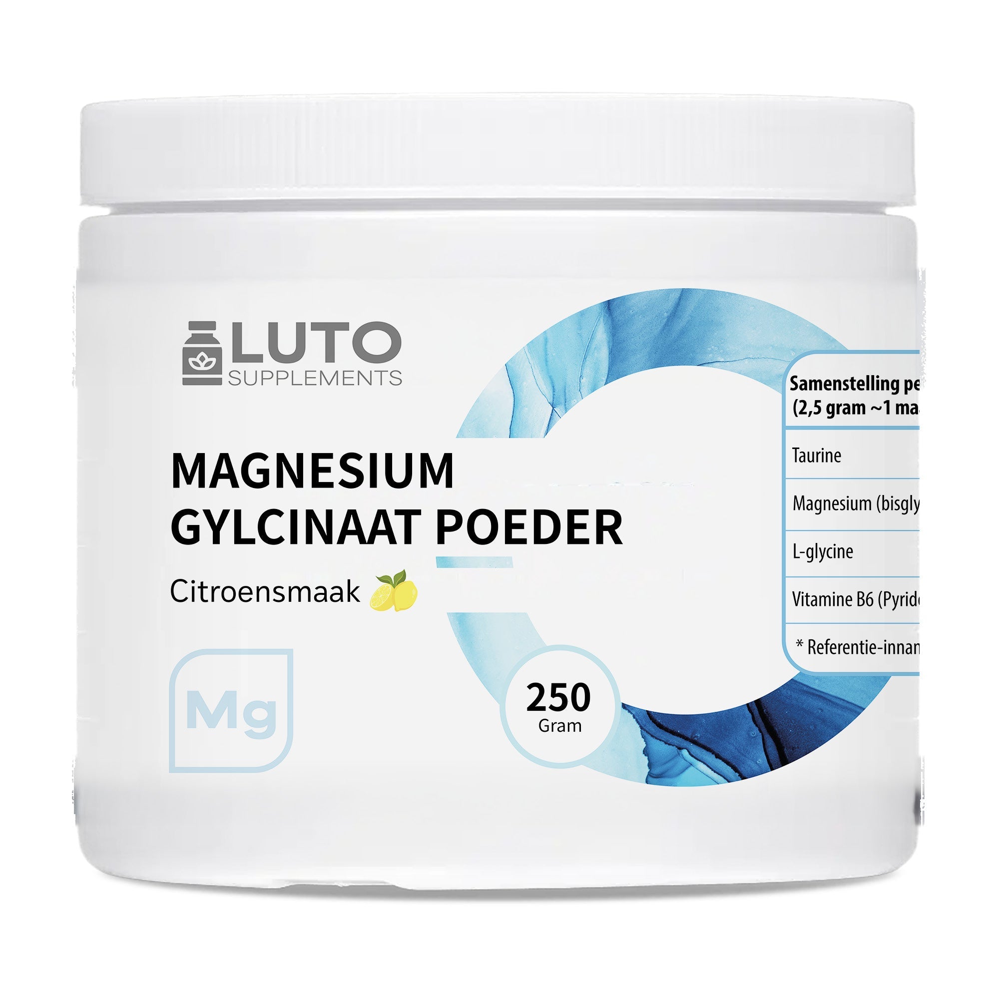 LUTO Supplements Magnesium Glycinate poeder 250g citroen smaak met L-carnitine en vitamine B6 | kopen in Nederland en België
