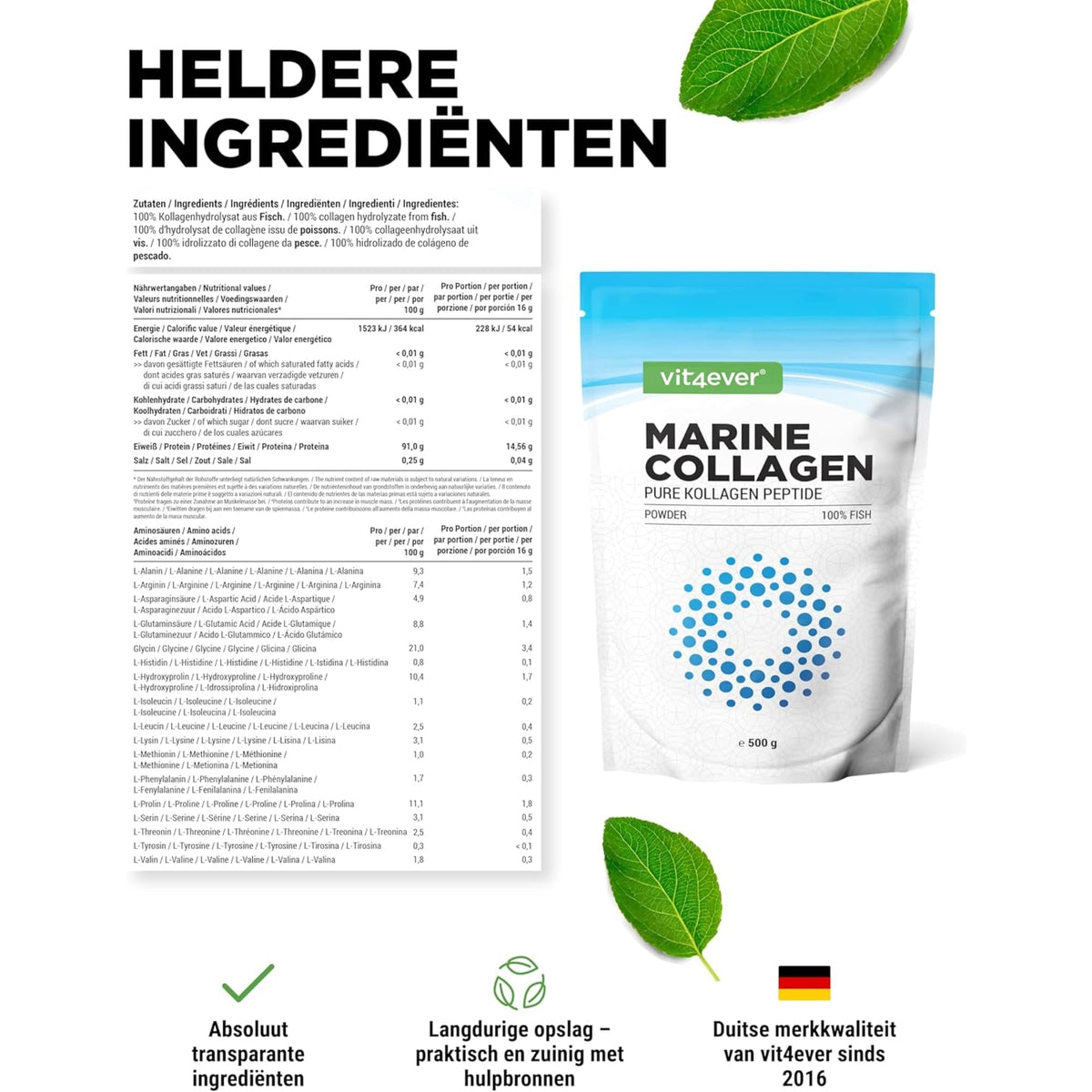 Marine Kollagen (Hydrolysiertes Fisch-Kollagen) | 31 Portionen | 500 g | Vit4ever