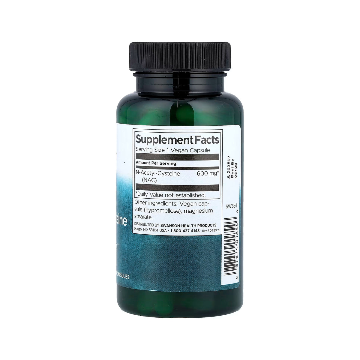 Swanson N-Acetyl-Cystein (NAC) 600 mg 100 vegane Kapseln – Produktverpackung Vorderseite