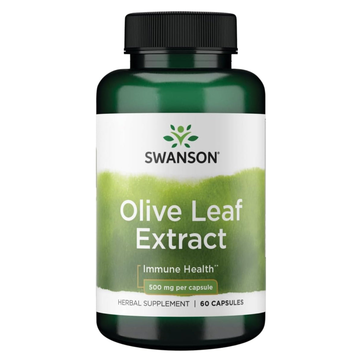 Swanson Olivenblatt-Extrakt 500 mg 20% Oleuropein – Etikett mit Inhaltsstoffen und Dosierung