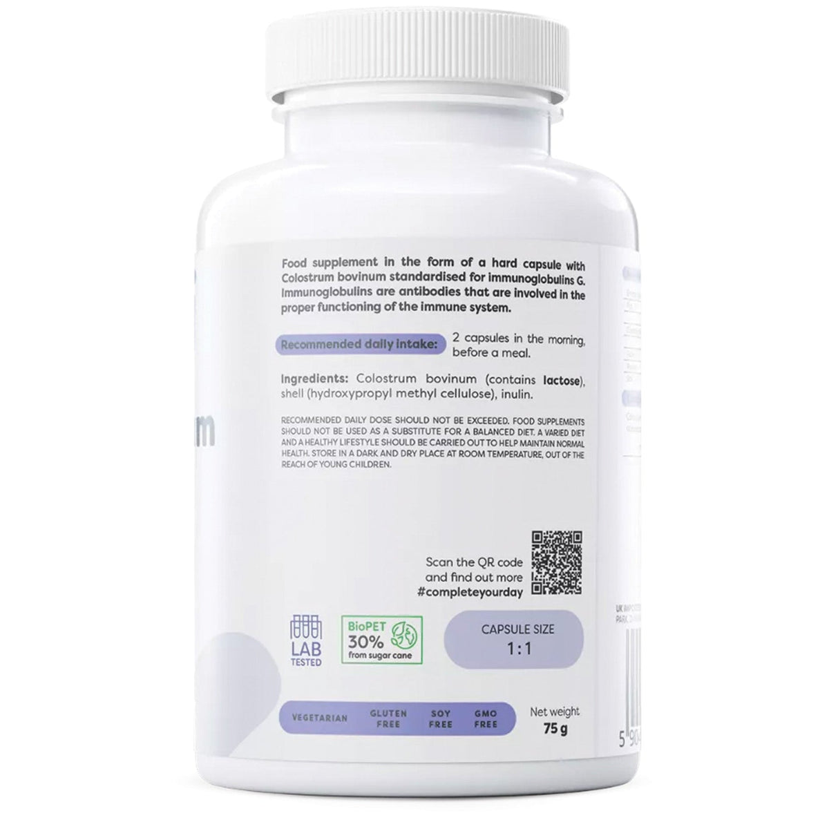 Rückseite Osavi Colostrum 1000 mg – Zutaten und Anwendung, Rindercolostrum mit Immunglobulinen G