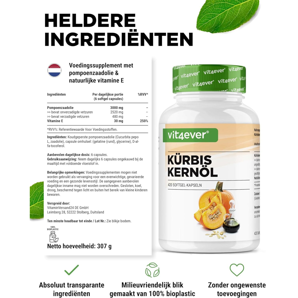 Kürbiskernöl + natürliches Vitamin E | 420 Softgels | Vit4ever