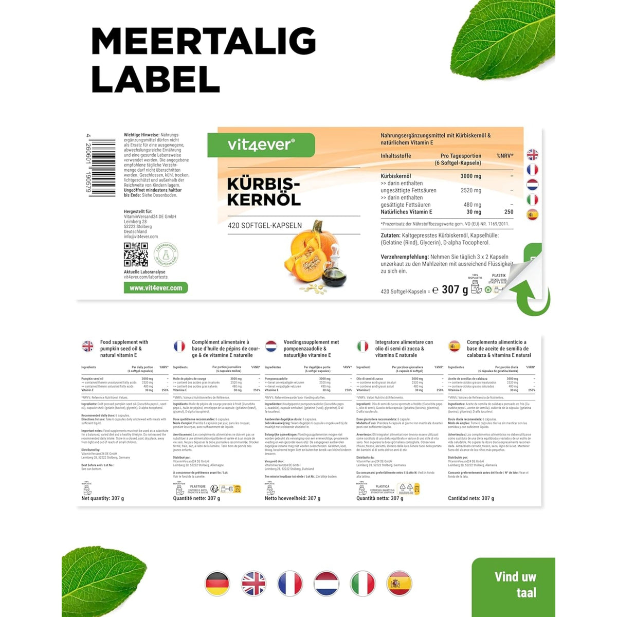 Kürbiskernöl + natürliches Vitamin E | 420 Softgels | Vit4ever