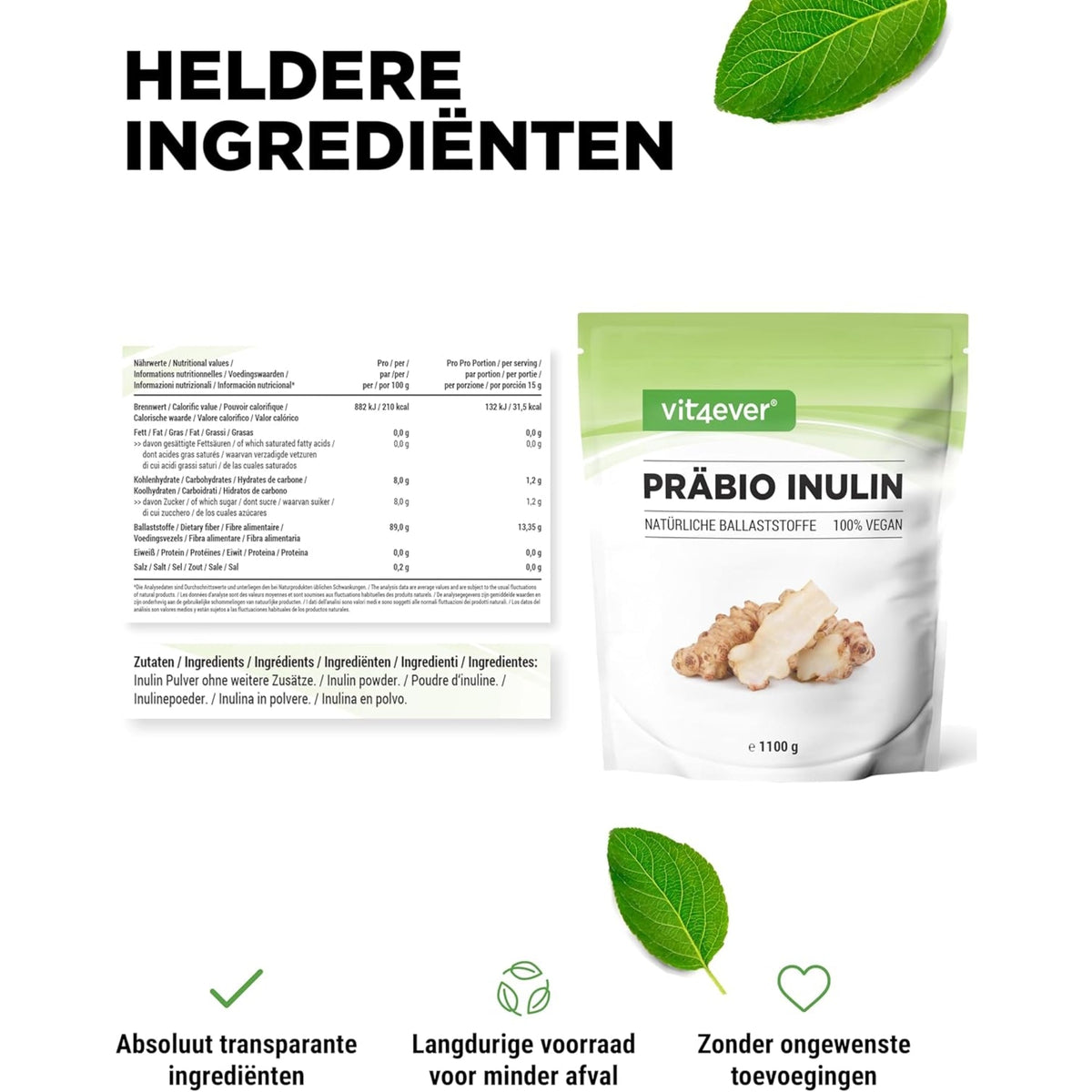 Inulin Pulver | Zichorienwurzel | 1,1 kg | Vit4ever
