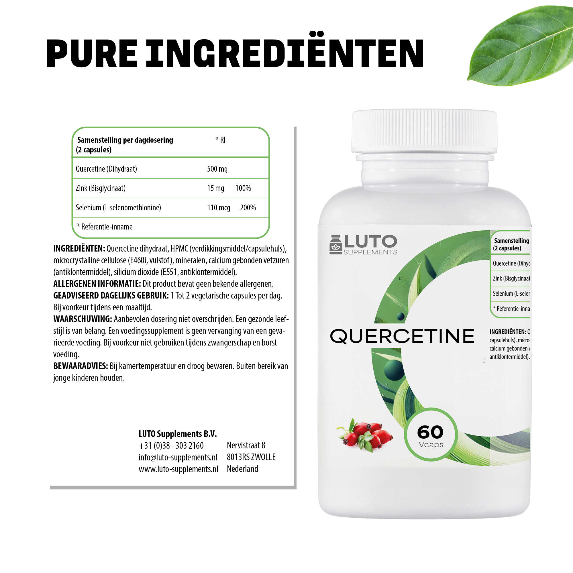 Pure ingrediënten Quercetine LUTO Supplements - 500mg quercetine, 10mg zink en 55mcg selenium per capsule