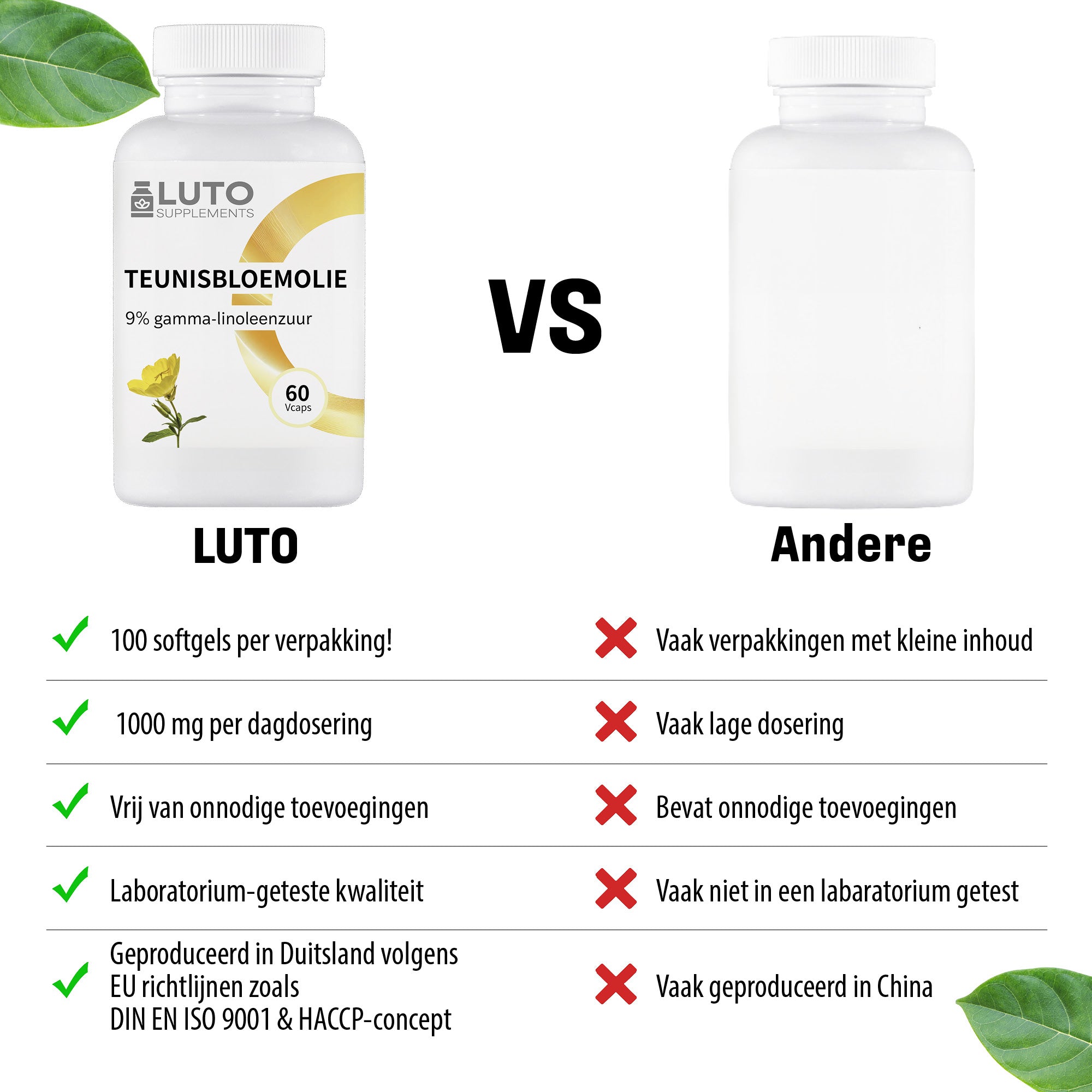 LUTO Teunisbloemolie vergelijking - 1000mg per dagdosering, 9% gamma-linoleenzuur, vegetarisch