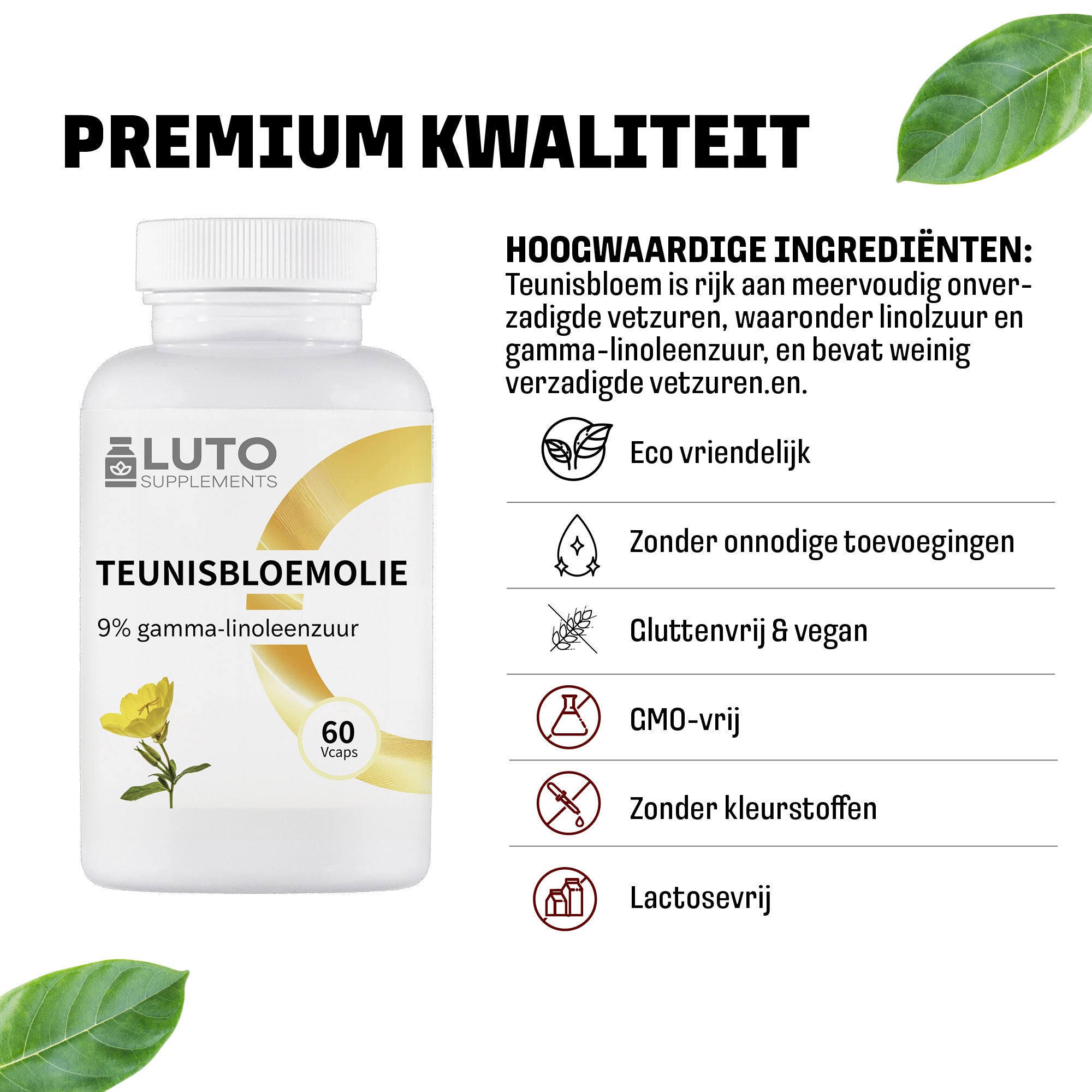Premium kwaliteit LUTO Teunisbloemolie - 100% natuurlijke ingrediënten, vegetarisch en zonder conserveringsmiddelen