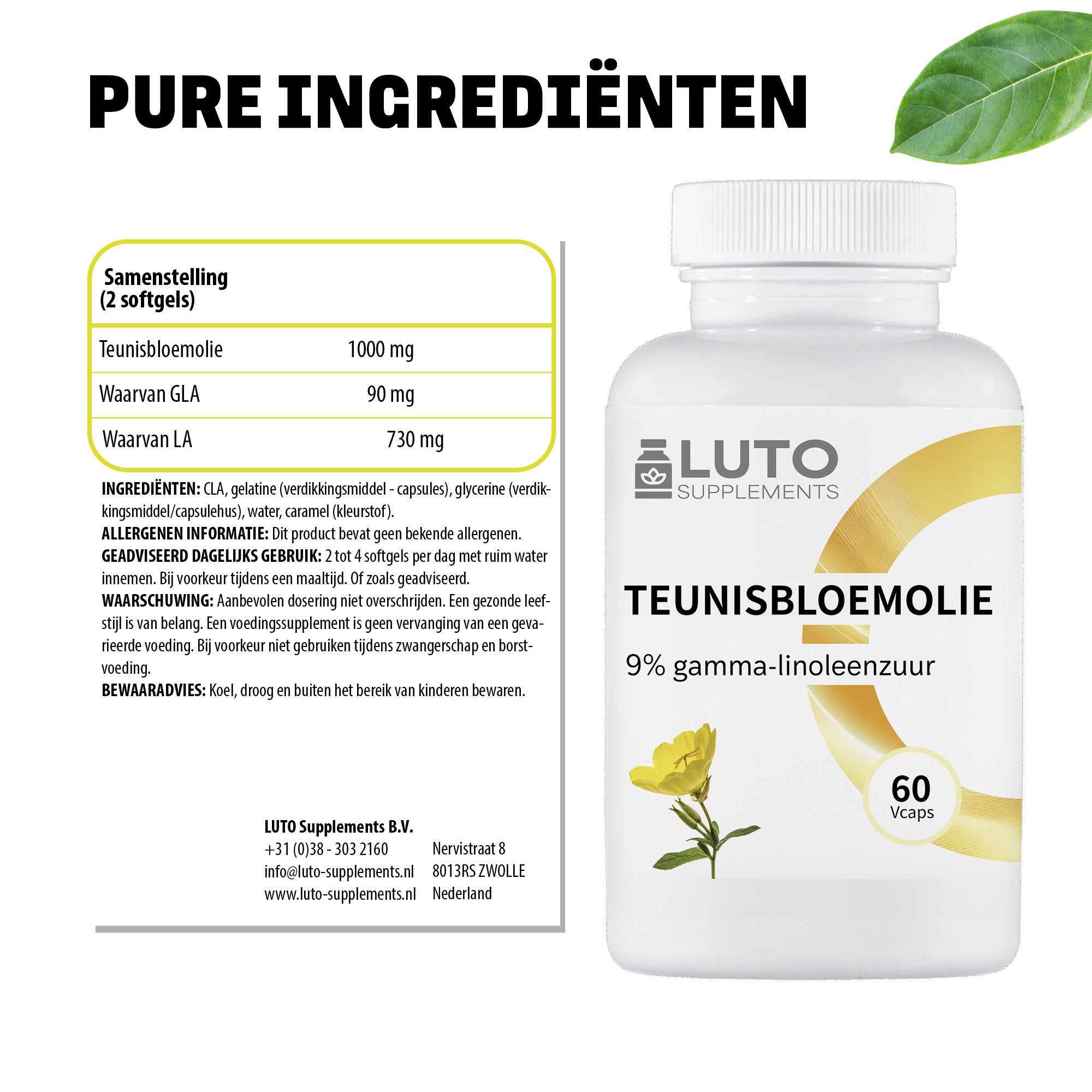 Pure ingrediënten Teunisbloemolie LUTO - 1000mg teunisbloemolie met 9% gamma-linoleenzuur per dagdosering