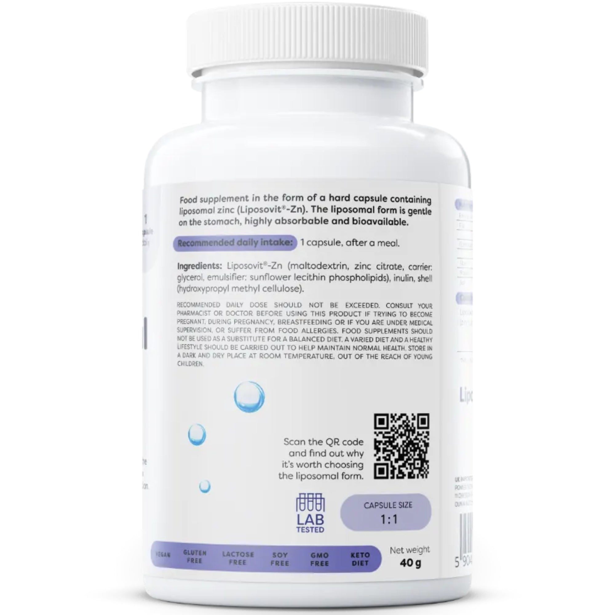 Rückseite Osavi Liposomales Zink – Zutaten mit Zinkcitrat in liposomaler Form