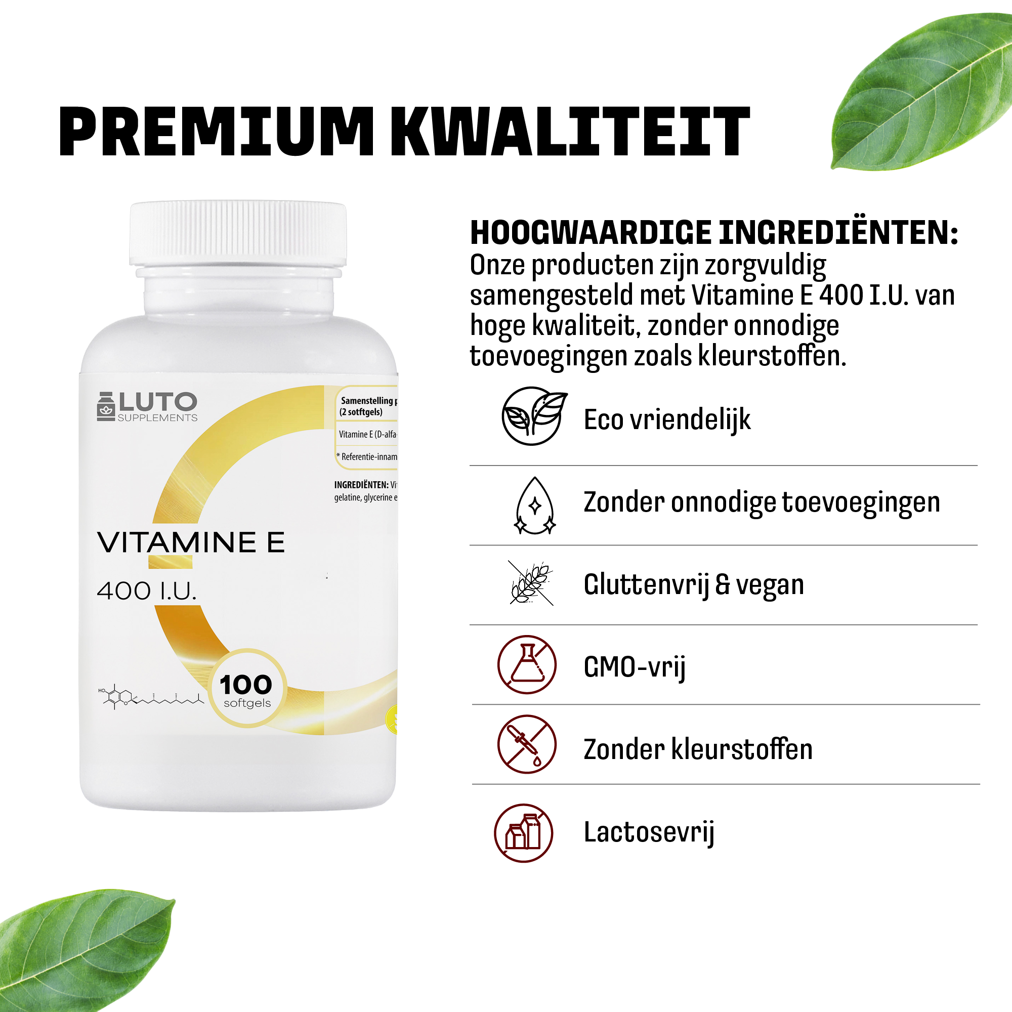 Premium kwaliteit LUTO Vitamine E softgels - natuurlijke ingrediënten, zonder kunstmatige kleurstoffen
