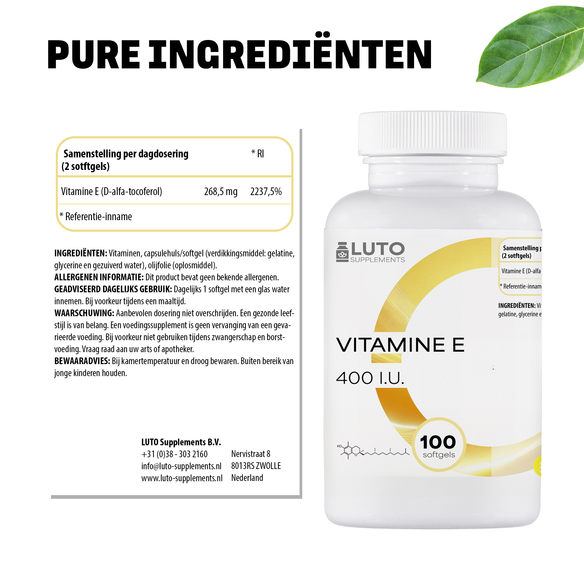 Pure ingrediënten Vitamine E LUTO Supplements - 400 I.U. natuurlijke vitamine E per softgel