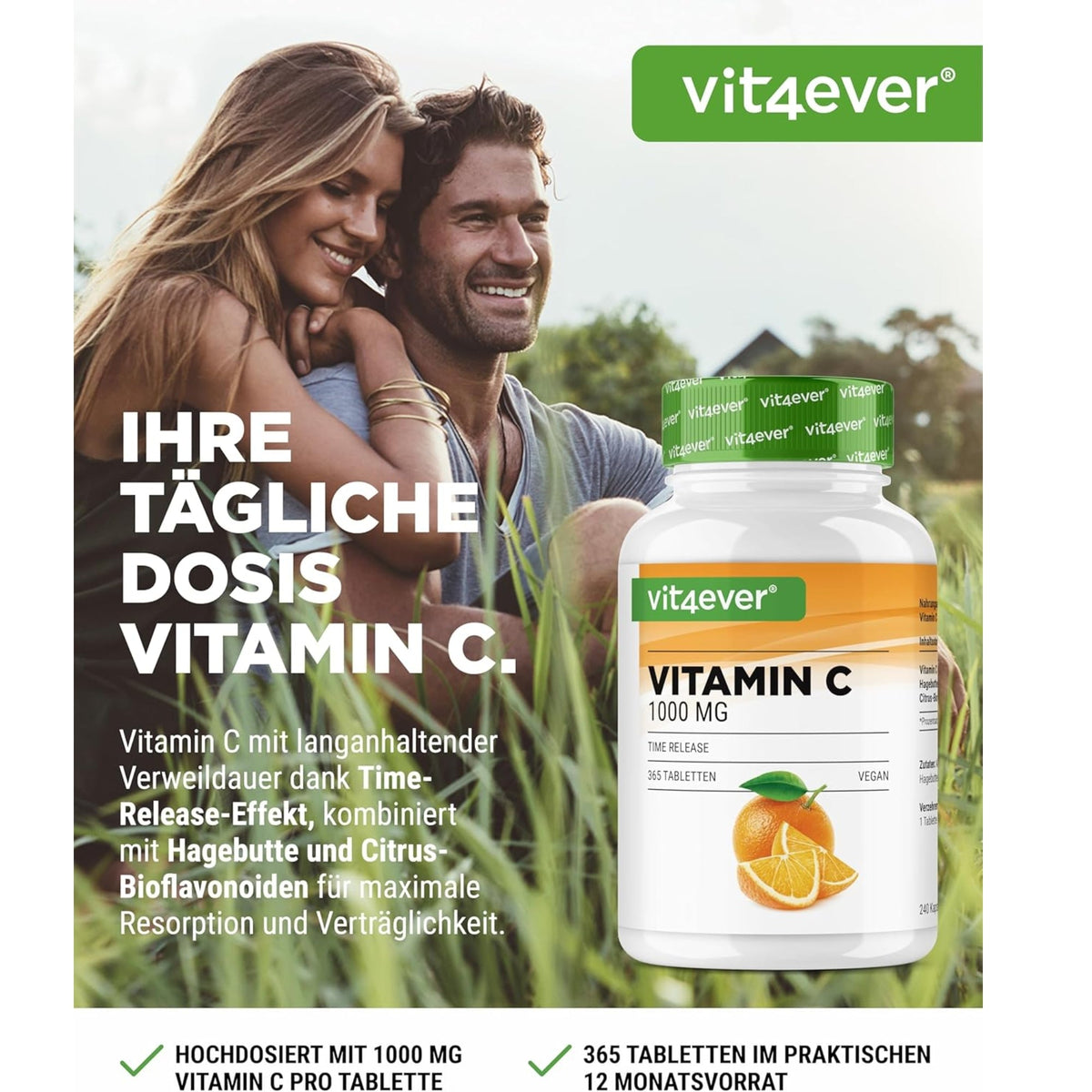 Vitamin C + Hagebutte + Citrus-Bioflavonoide | 1000 mg | 365 Tabletten | Vit4ever