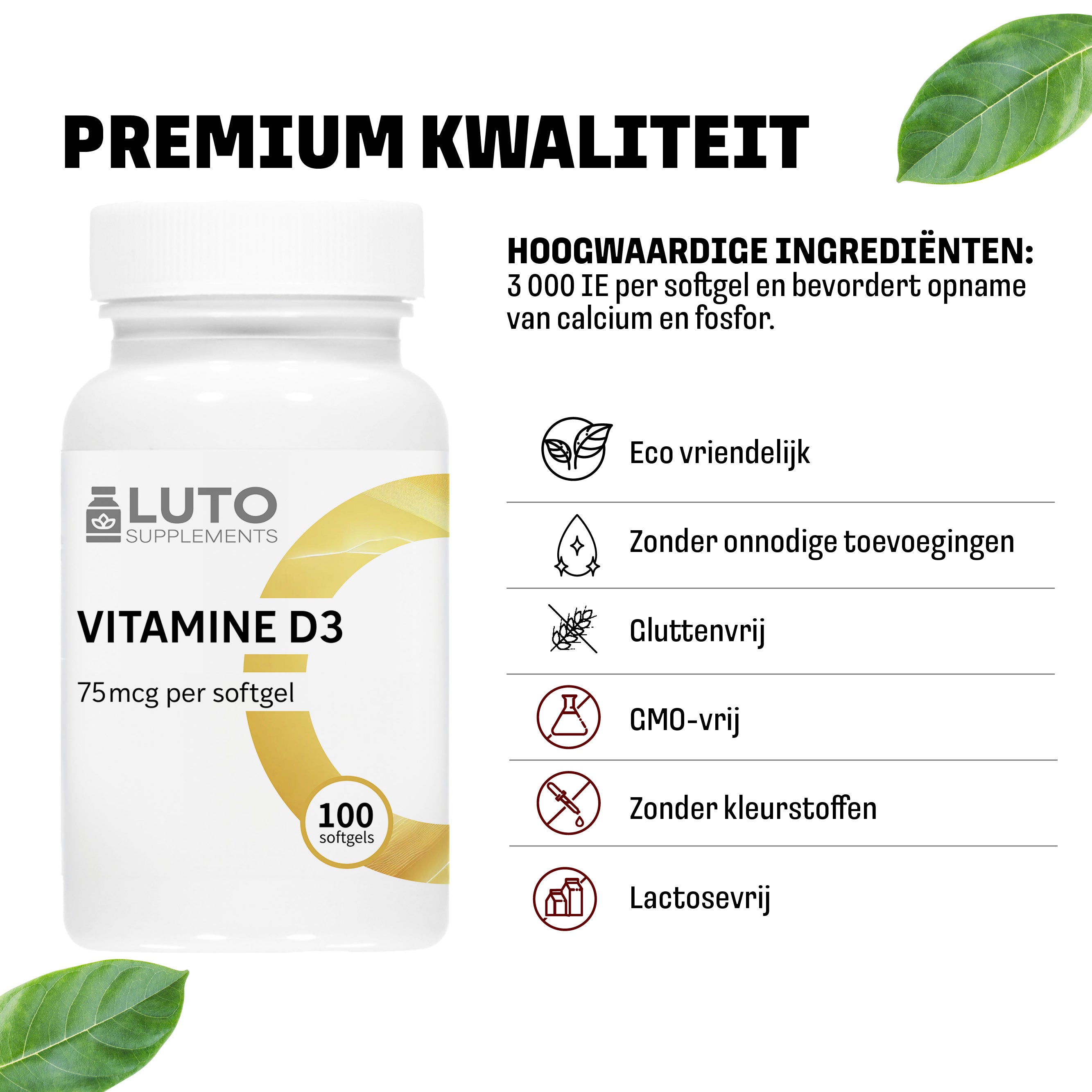 Premium kwaliteit LUTO Vitamine D3 softgels - vegetarisch, zonder conserveringsmiddelen en kunstmatige smaakstoffen