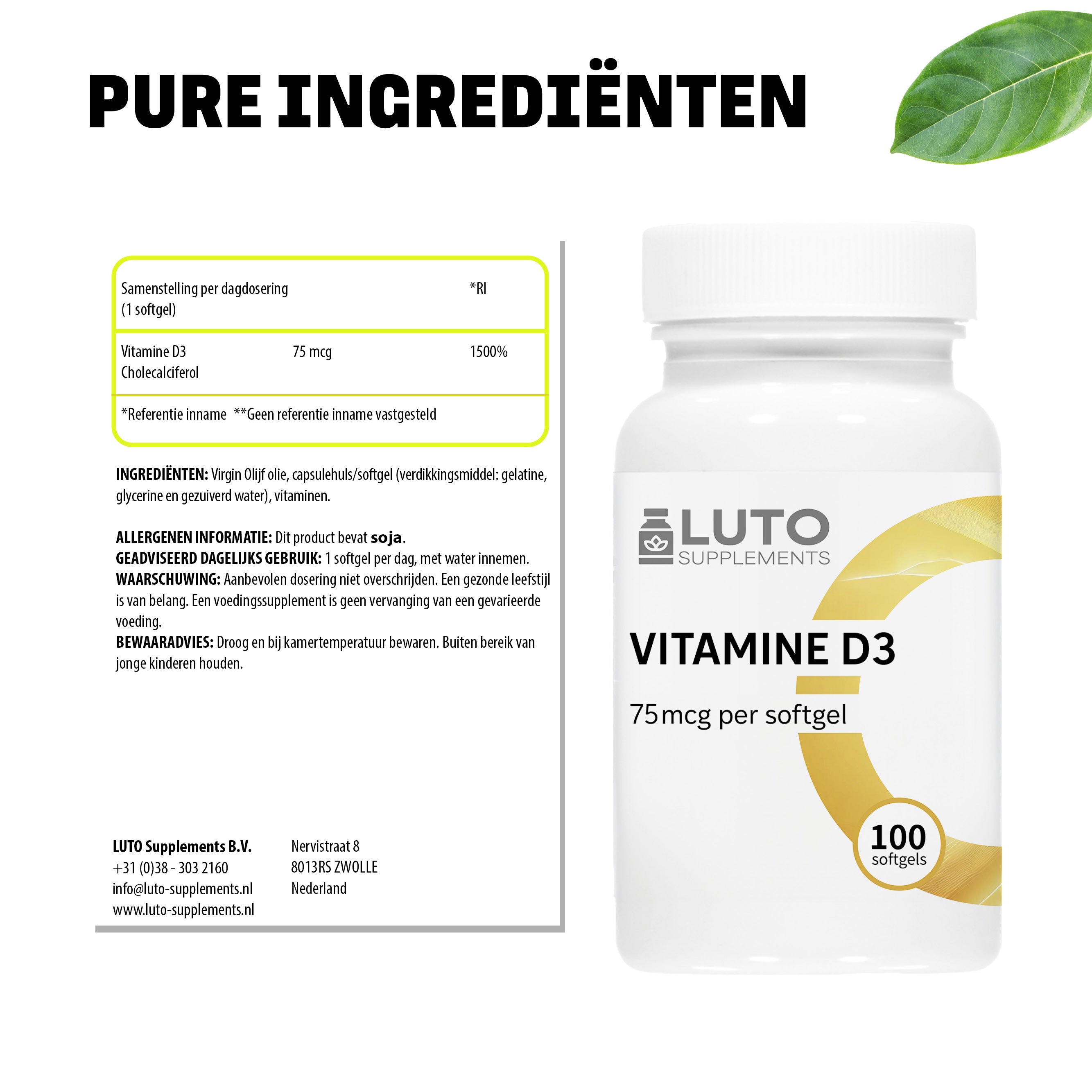 Pure ingrediënten Vitamine D3 LUTO Supplements - 75mcg 3000 IU cholecalciferol in olijfolie softgels