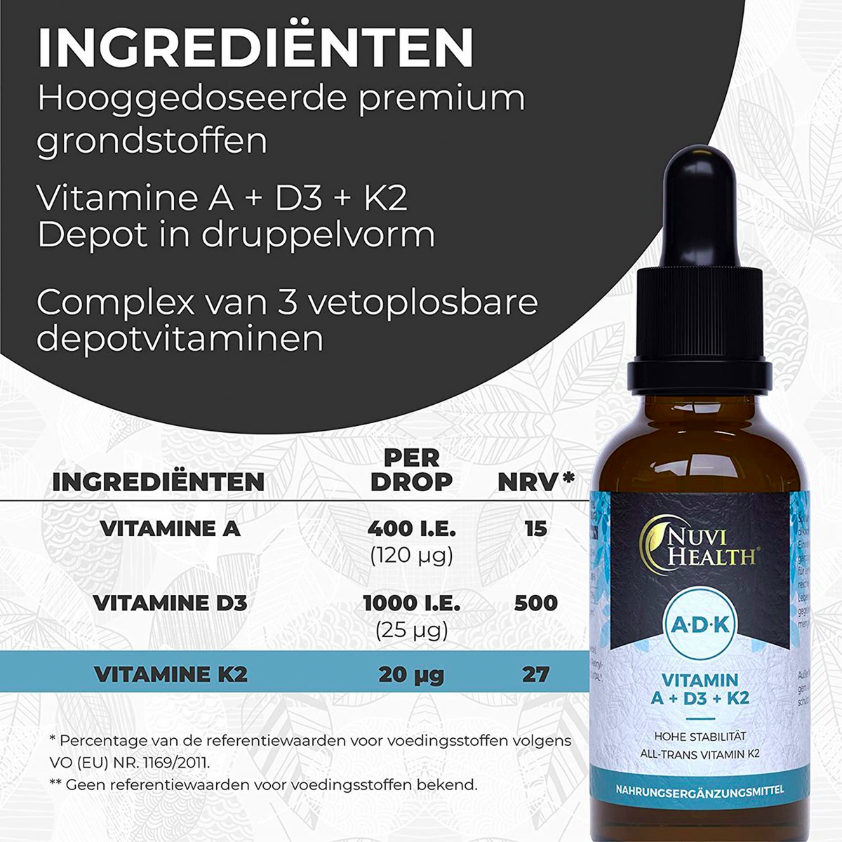 Nuvi Health Vitamin A 400 IE + D3 1000 IE + K2 20 mcg Tropfen 50 ML (XL Flasche) – Verpackung Rückseite