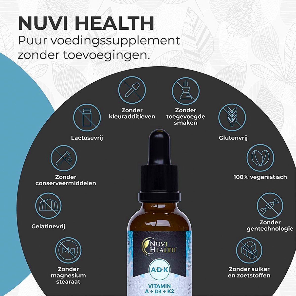 Nuvi Health Vitamin A 400 IE + D3 1000 IE + K2 20 mcg Tropfen 50 ML (XL Flasche) – Produktverpackung Vorderseite