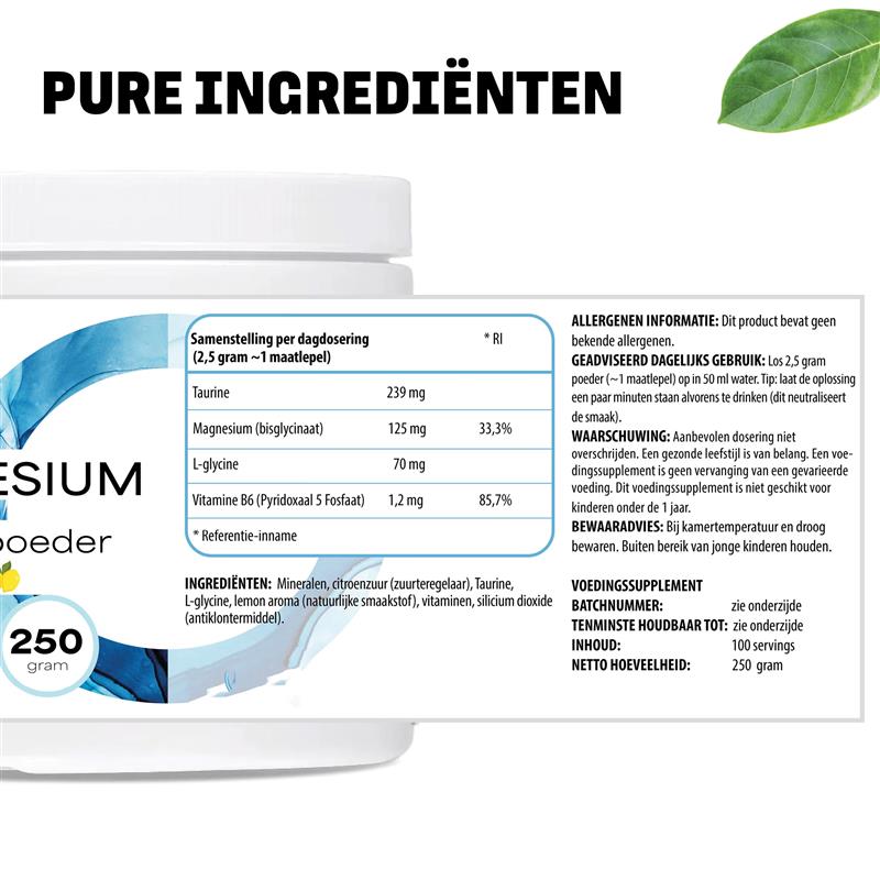 Pure ingrediënten Magnesium Glycinate poeder LUTO - magnesium bisglycinaat, L-carnitine en vitamine B6
