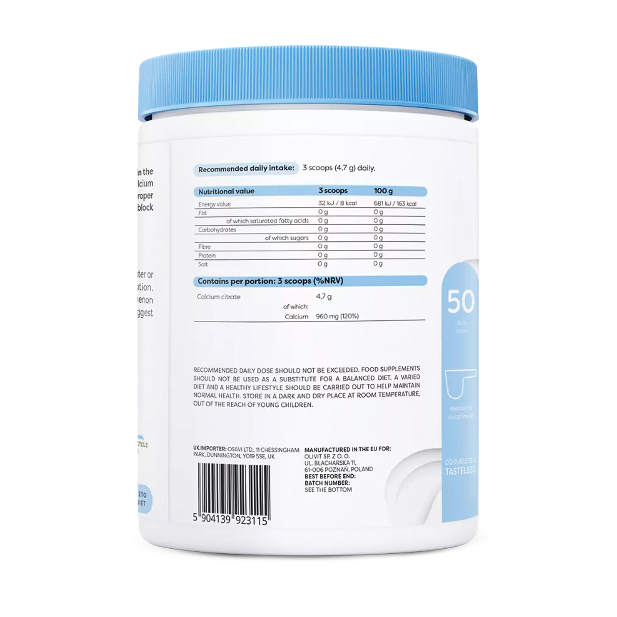 Nährwerte Osavi Calciumcitrat Pulver – 960 mg Calcium pro 3 Messlöffel