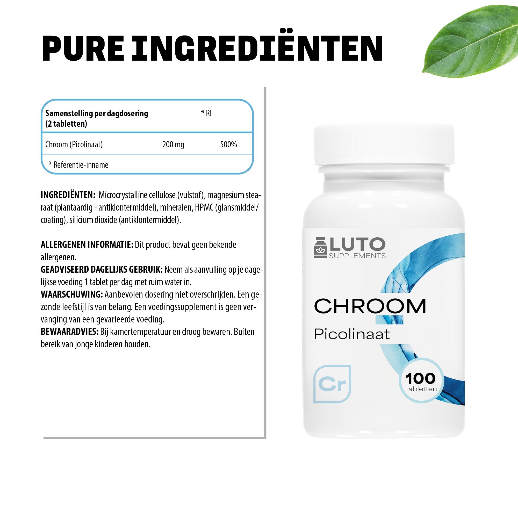 Pure ingrediënten Chroom Picolinaat LUTO - 200µg chroom picolinaat per tablet zonder onnodige toevoegingen