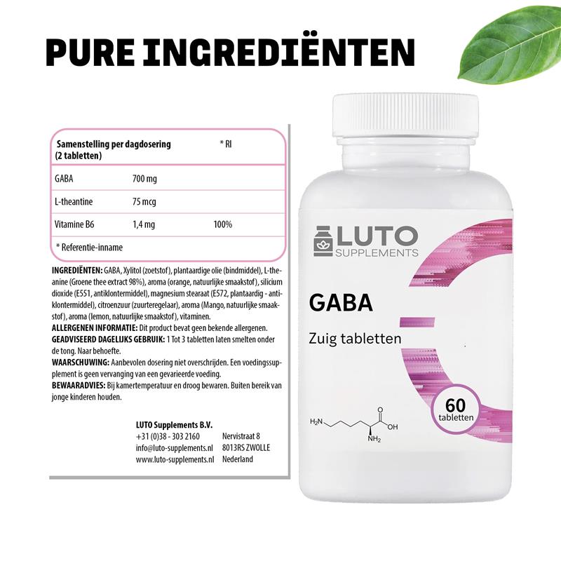 Pure ingrediënten GABA LUTO Supplements - 700mg GABA, L-theanine en vitamine B6 per zuigtablet
