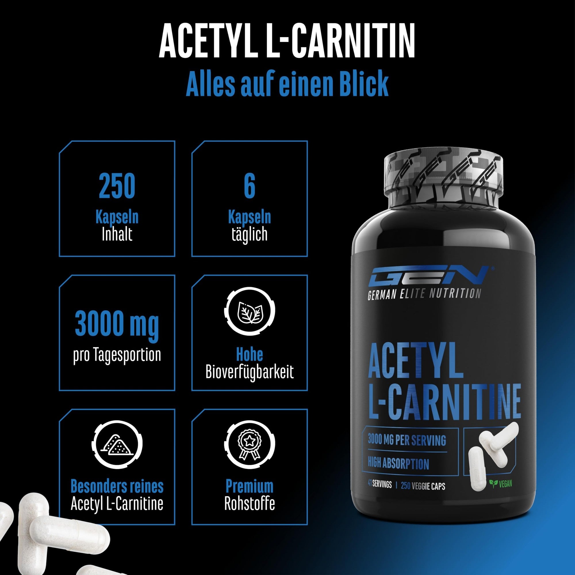 Acetyl L-Carnitin 3000mg 250 Kapseln – Übersicht