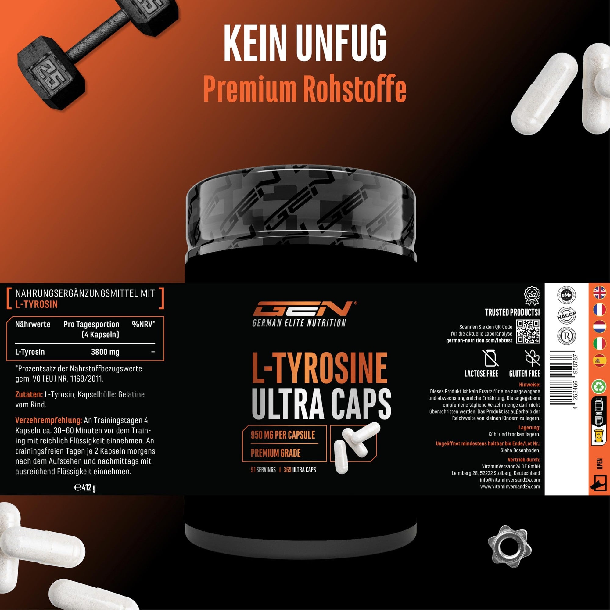 L-Tyrosin Ultra 950mg 365 Kapseln – Reinheit & Fermentation