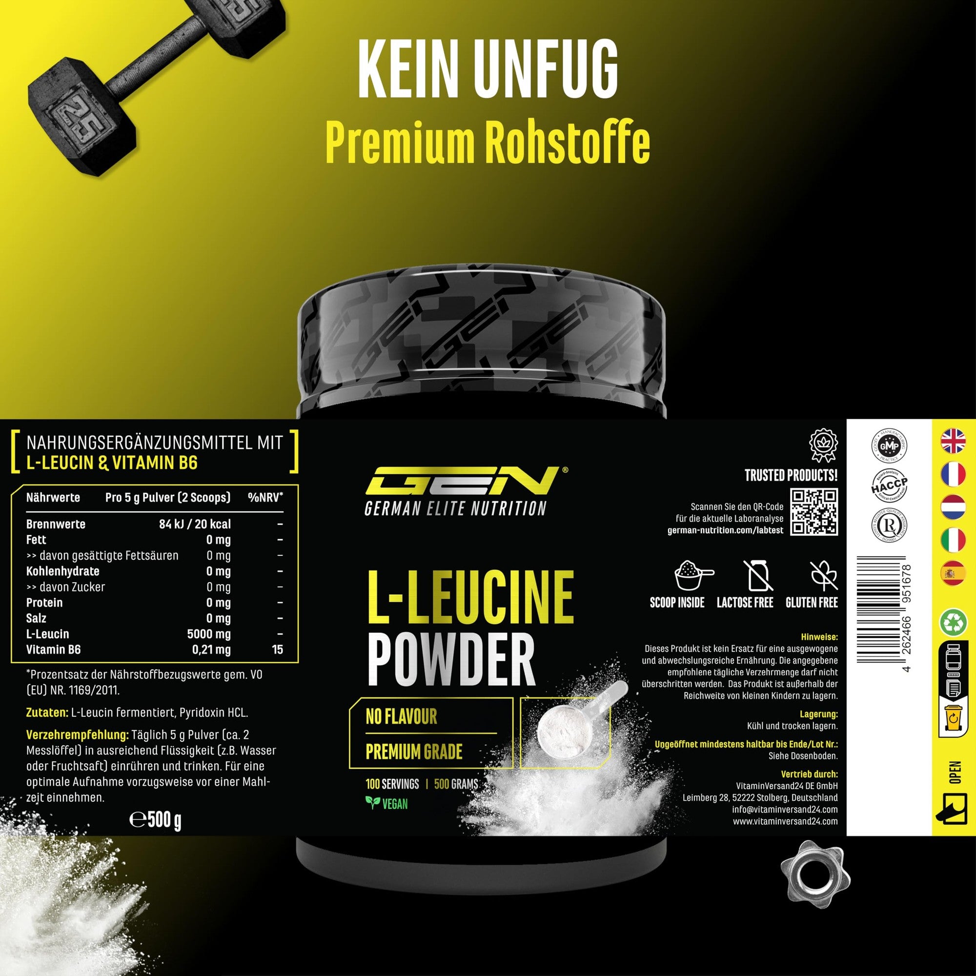 L-Leucin Pulver 5000mg 500g – vegan & laborgeprüft