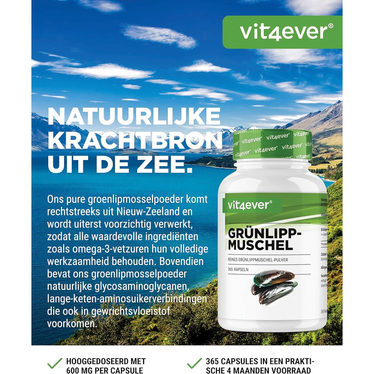 Grünlippmuschel 600 mg | 365 Kapseln | Vit4ever