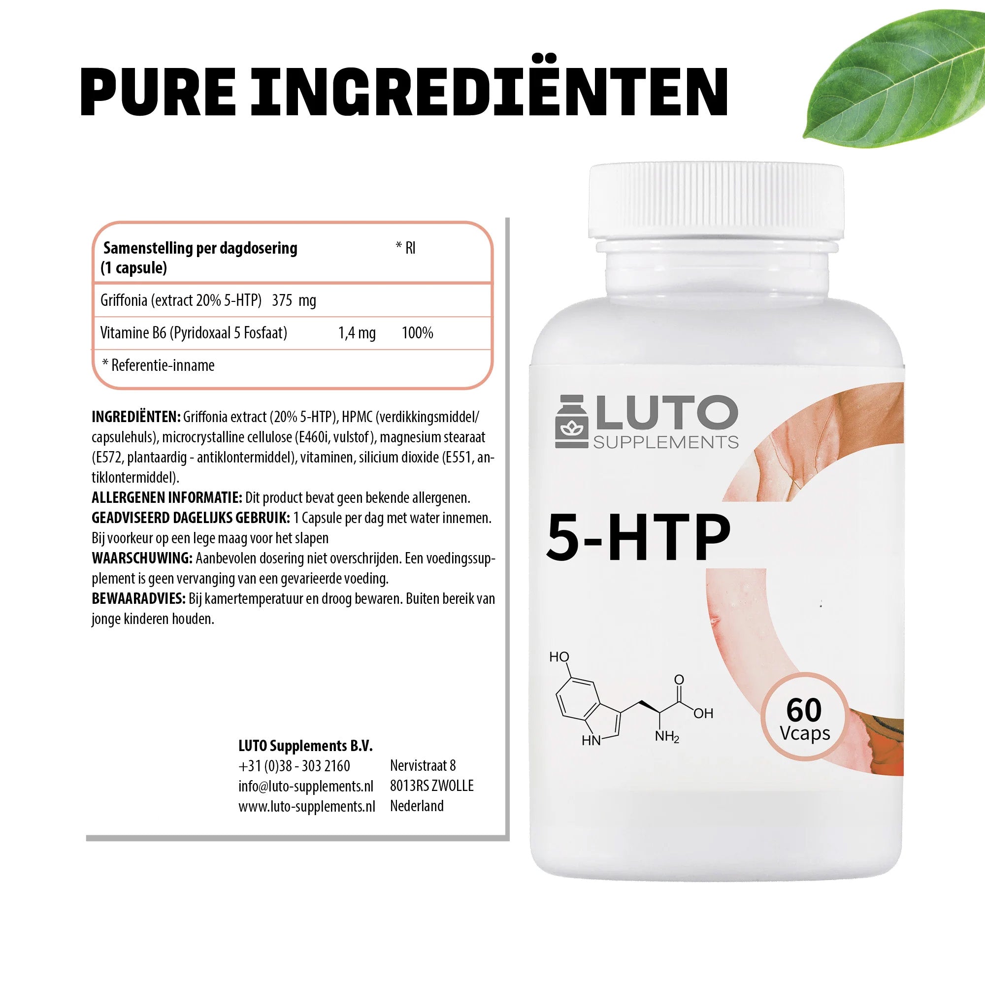 Pure ingrediënten 5-HTP LUTO Supplements - natuurlijke 5-HTP uit Griffonia simplicifolia en vitamine B6