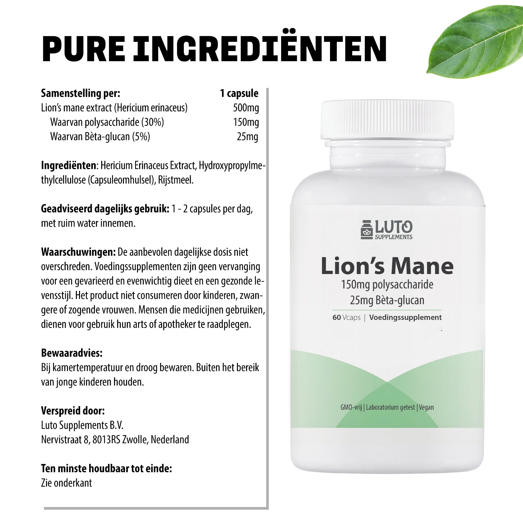 Pure ingrediënten Lions Mane LUTO - 1000mg pruikzwam extract met 30% polysaccharide per dagdosering