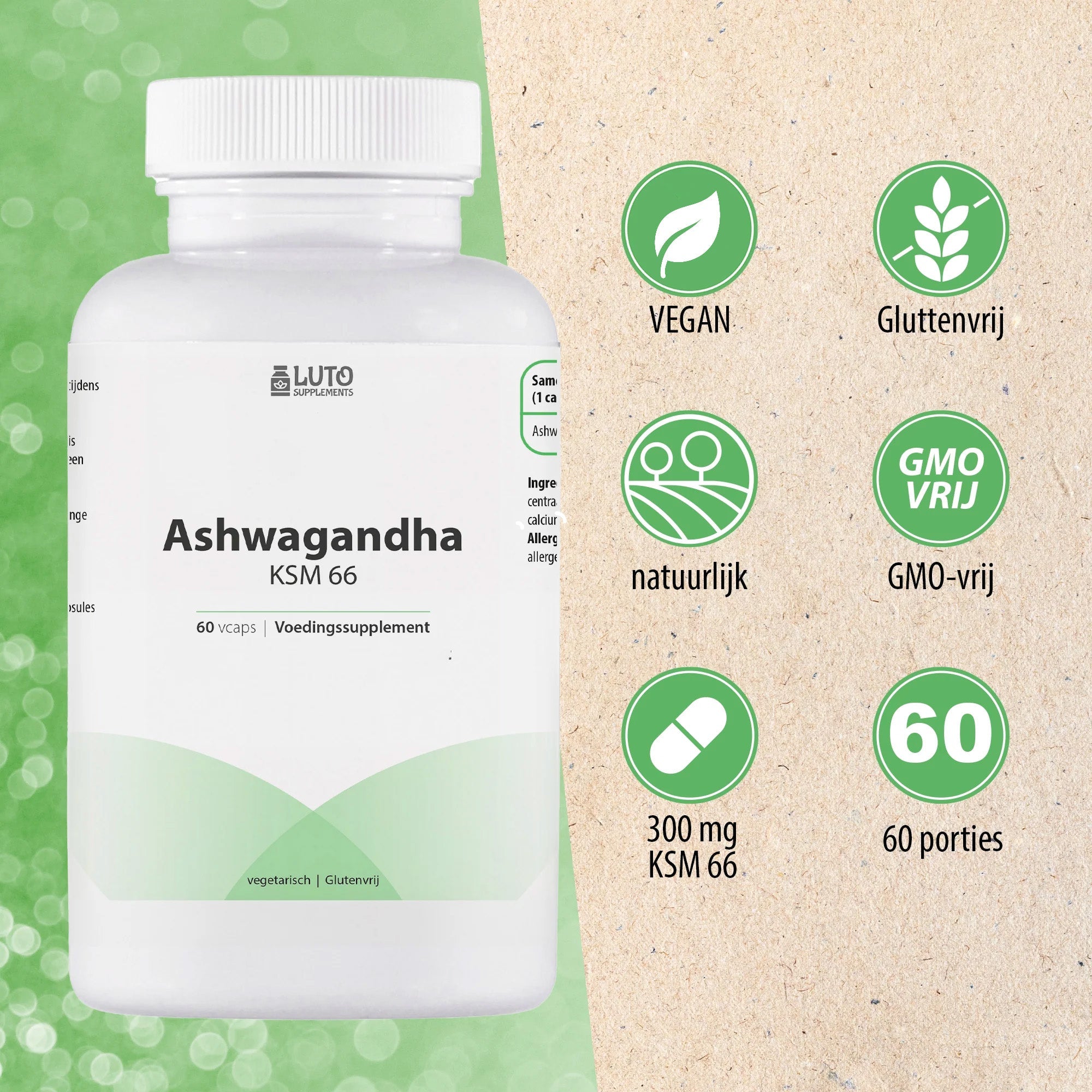 LUTO Ashwagandha KSM-66 300mg kenmerken - vegan, glutenvrij, natuurlijk, GMO-vrij en 60 porties