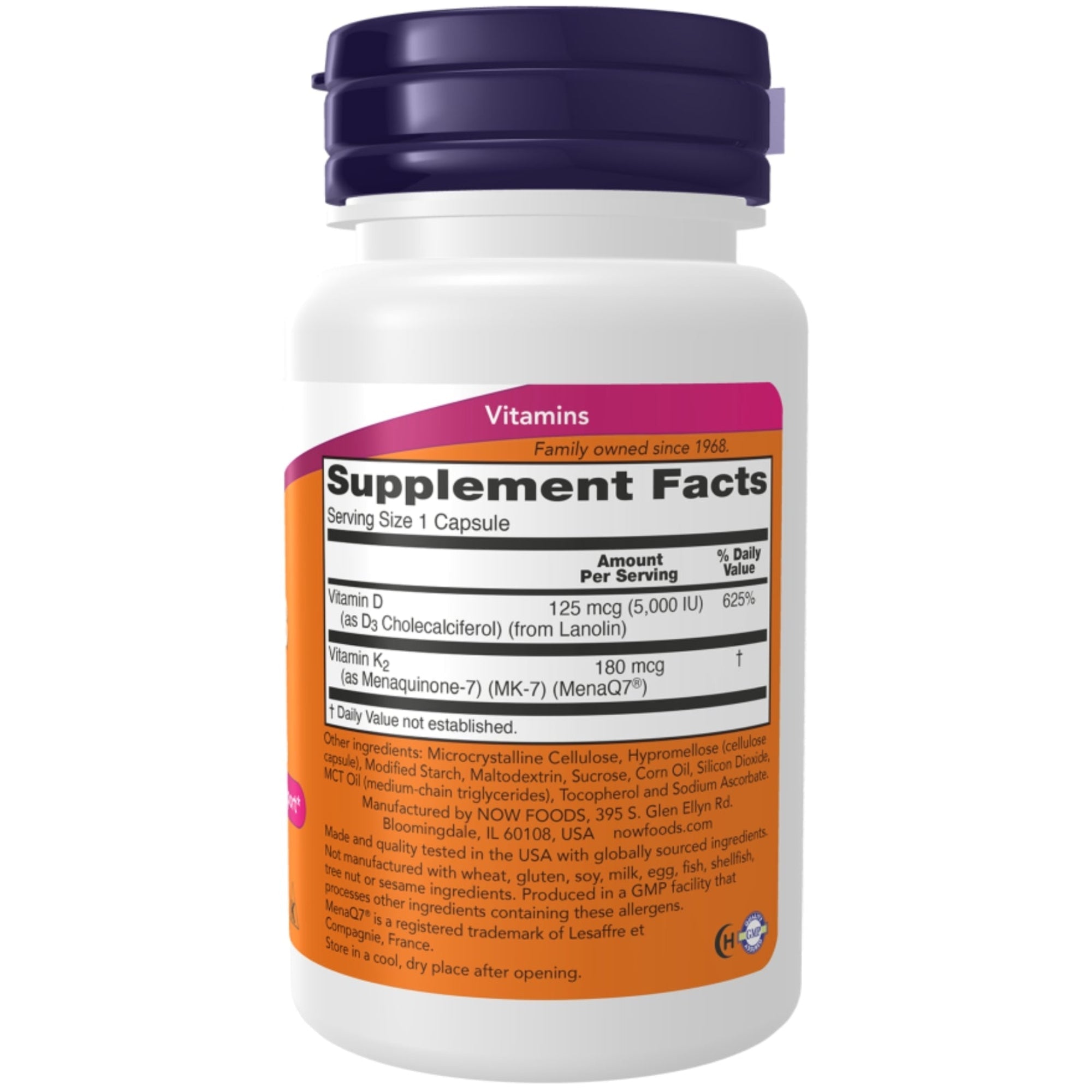 Mega D-3 & MK-7 | 5000 I.E. D3 + 180 µg K2 | 60 V-Kapseln | NOW Foods