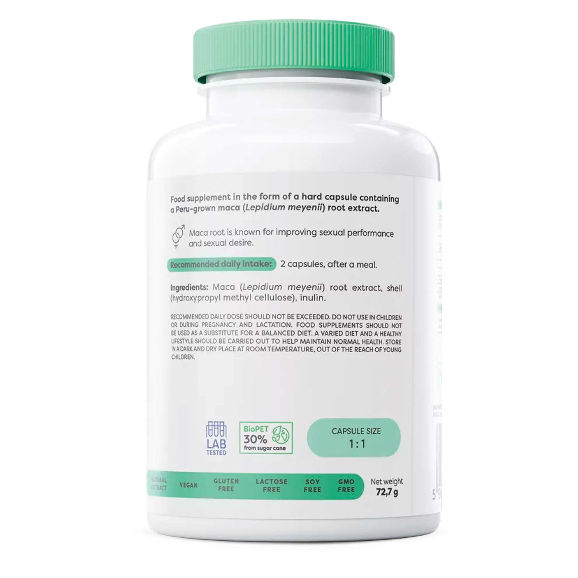 Rückseite Osavi Maca 1000 mg – Zutaten und Verzehrempfehlung, peruanisches Maca-Extrakt