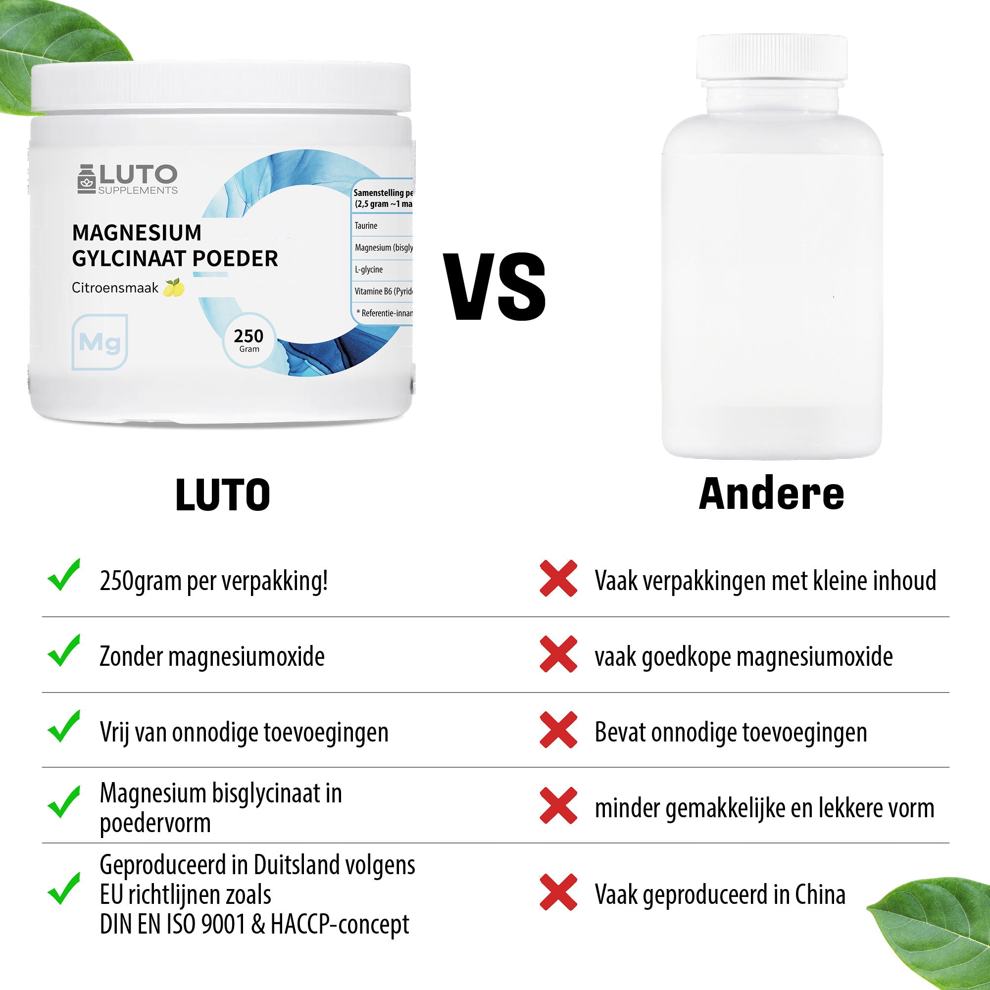 LUTO Magnesium Glycinate poeder vergelijking - citroen smaak, vegan en hoog gedoseerd magnesium