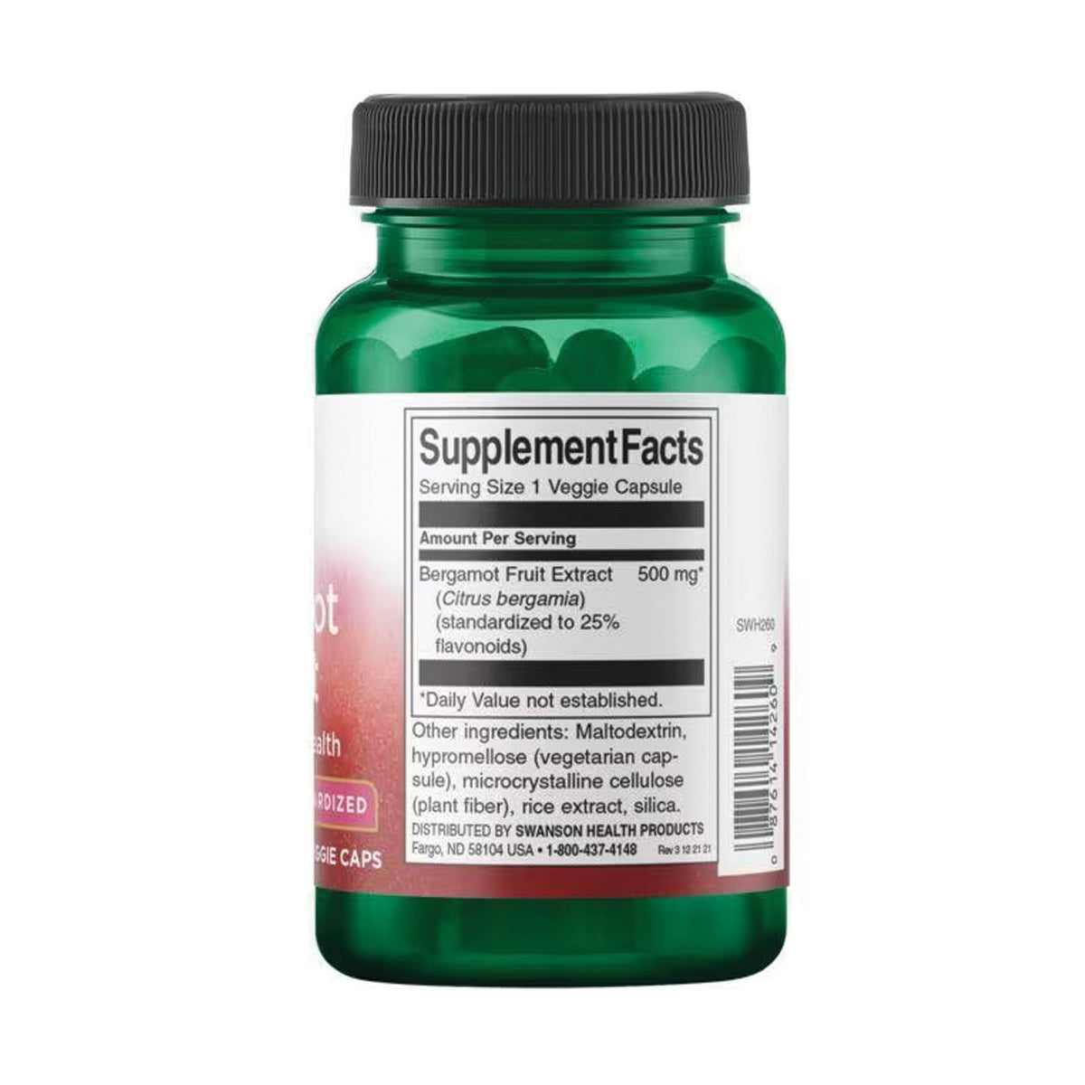 Swanson Bergamotte-Extrakt (Citrus bergamia) 500mg 30 Kapseln – Produktverpackung Vorderseite