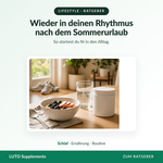 Gesundes Frühstück mit Haferflocken, Wasser und Supplement im Morgenlicht - wieder in einen gesunden Rhythmus nach dem Sommerurlaub